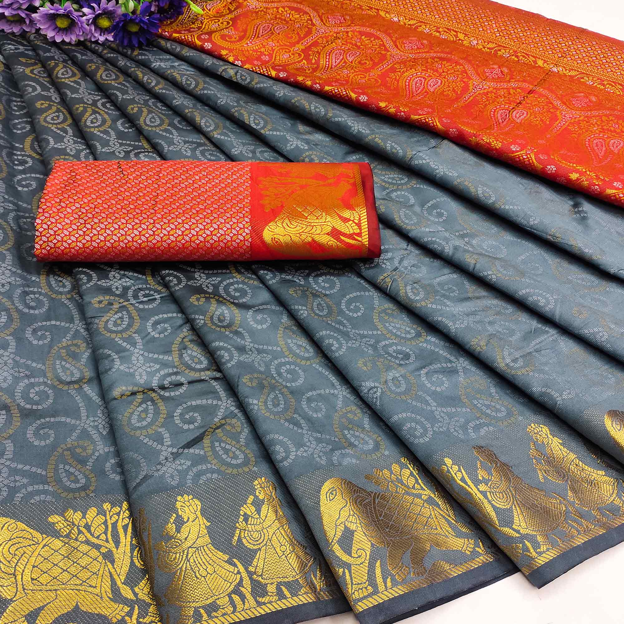 Grey Bandhani Woven Banarasi Silk Saree