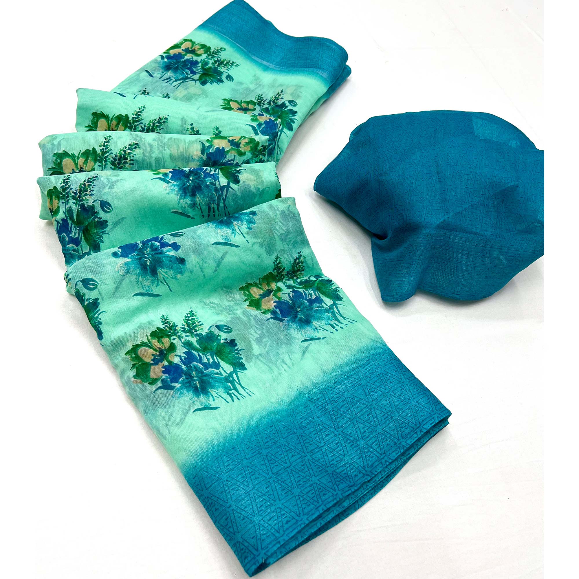 Rama Green Floral Printed Linen Saree