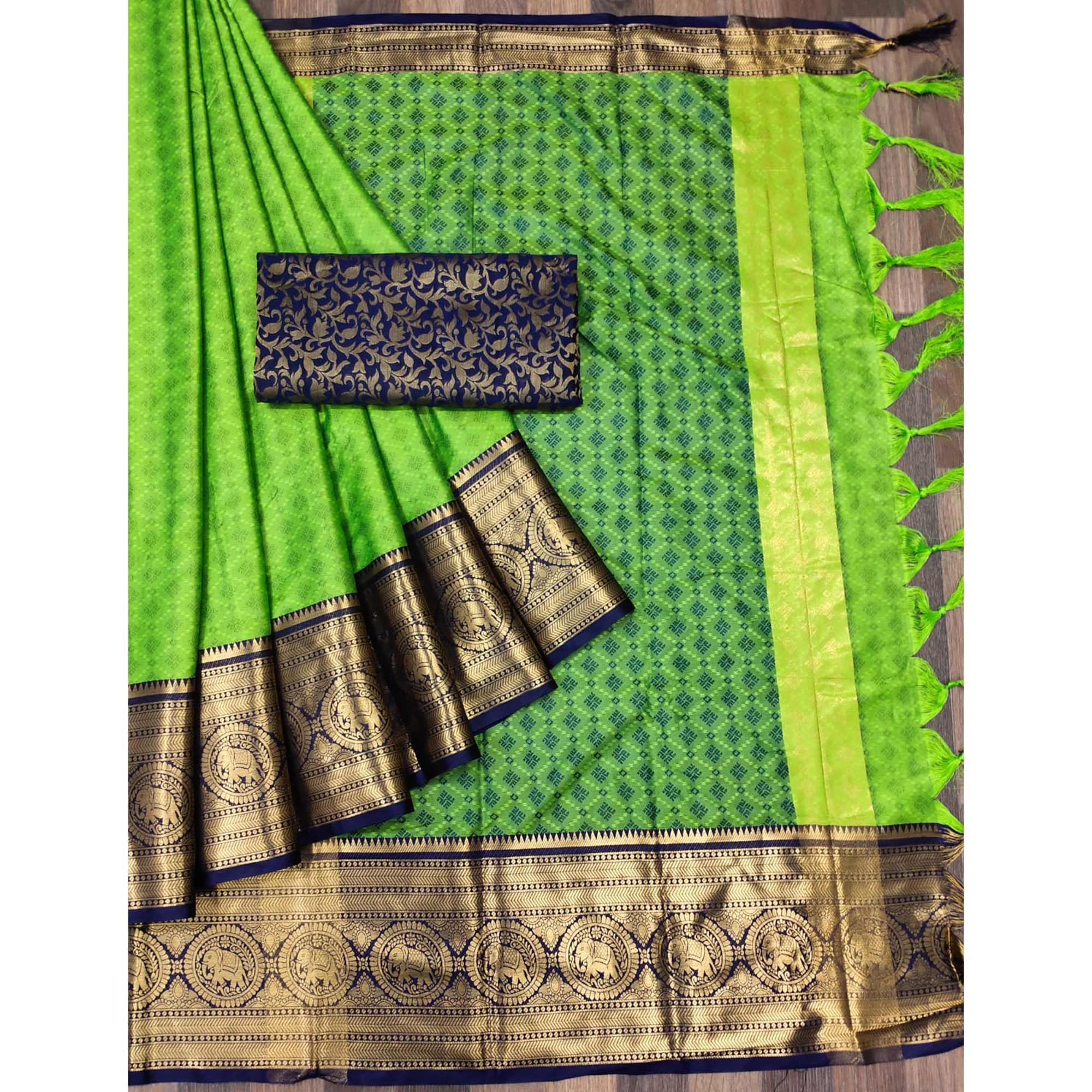 Parrot Green Woven Cotton Silk Saree With Tassels
