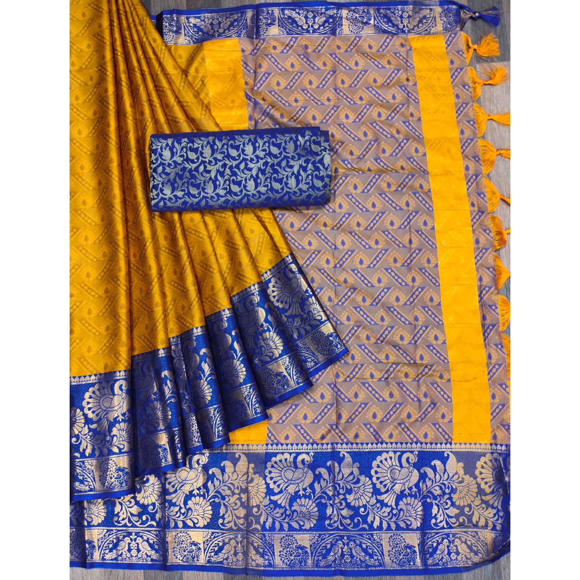 Golden Woven Cotton Silk Saree With Tassels