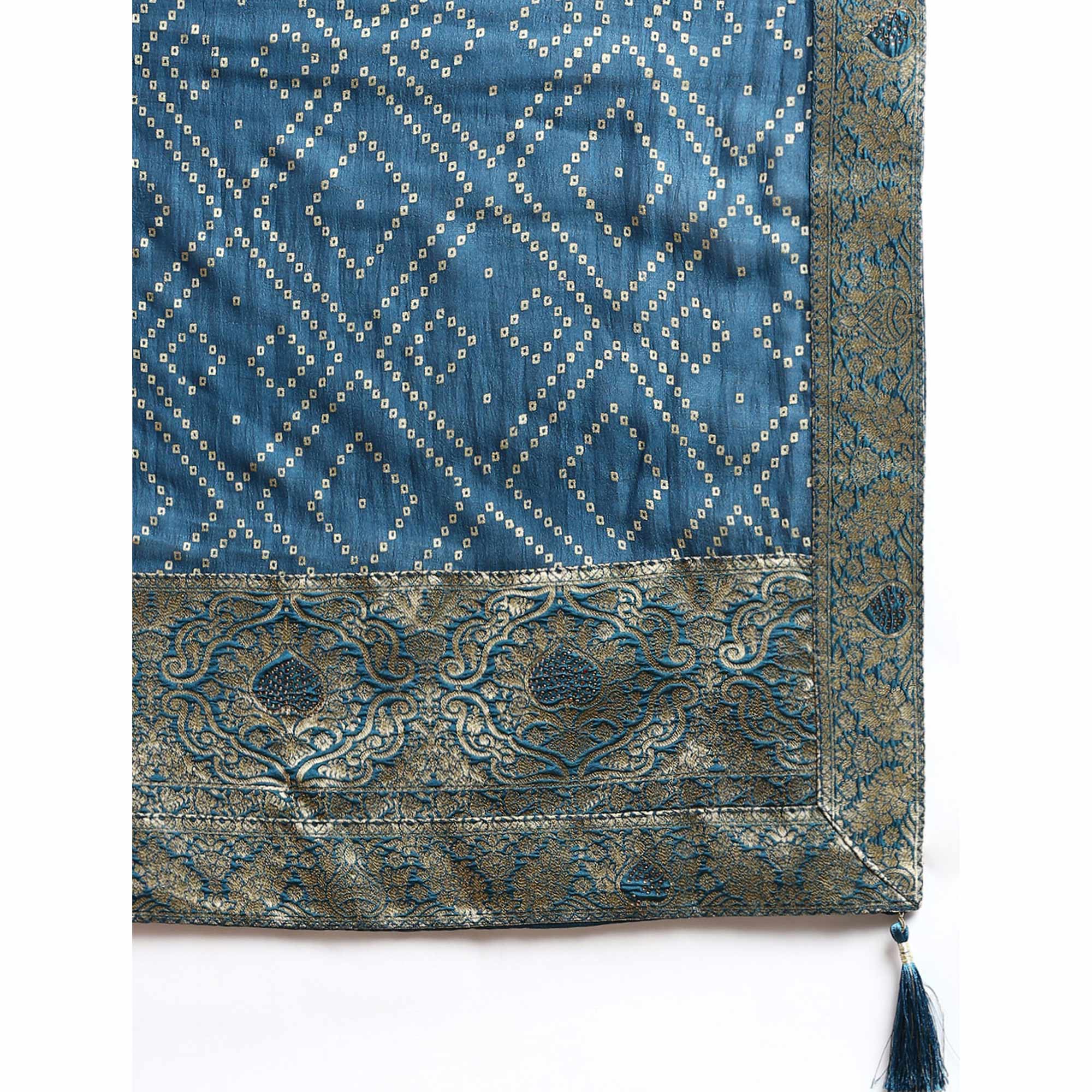 Blue Foil Printed With Swarovski Vichitra Silk Saree