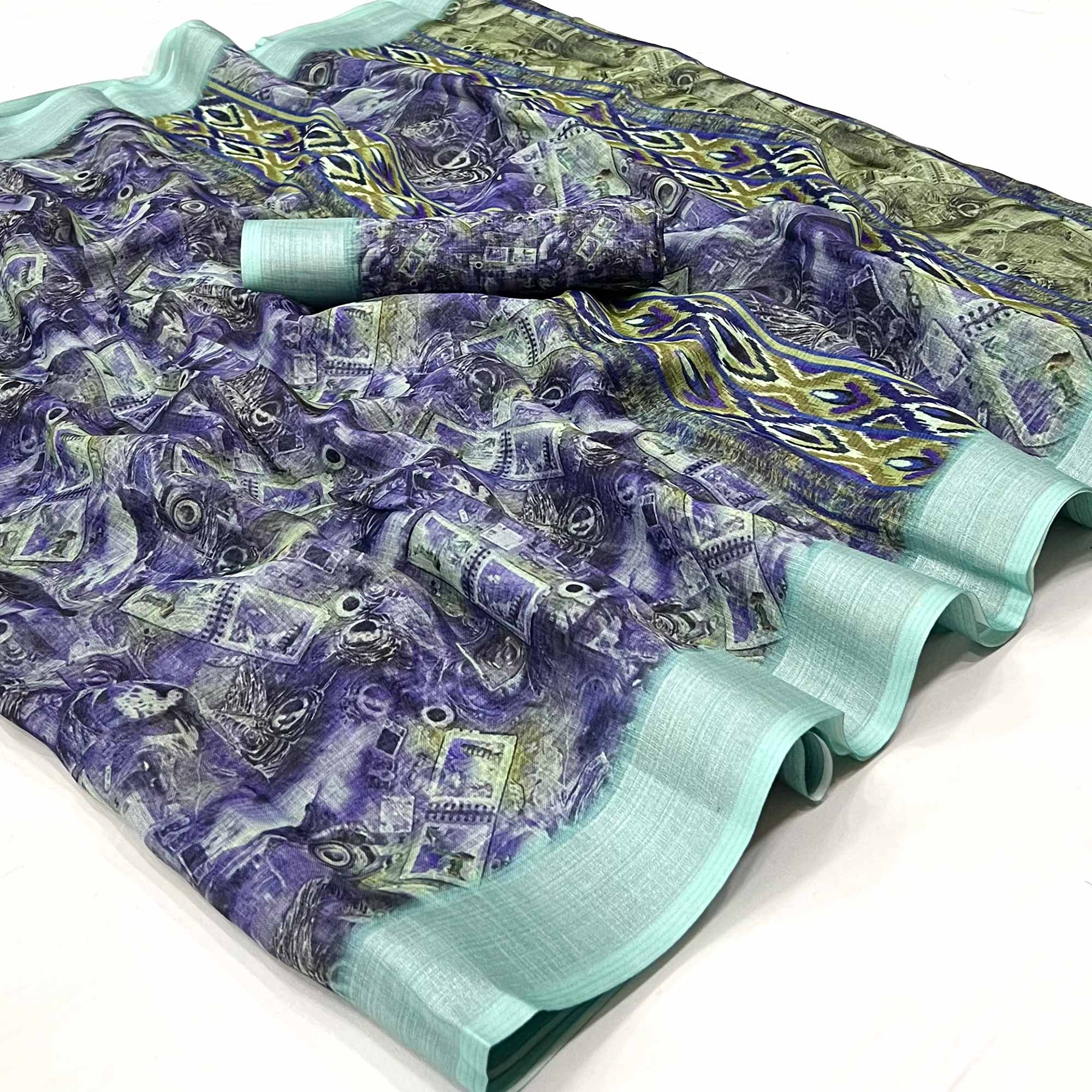 Blue Digital Printed Linen Saree