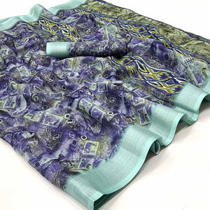 Blue Digital Printed Linen Saree