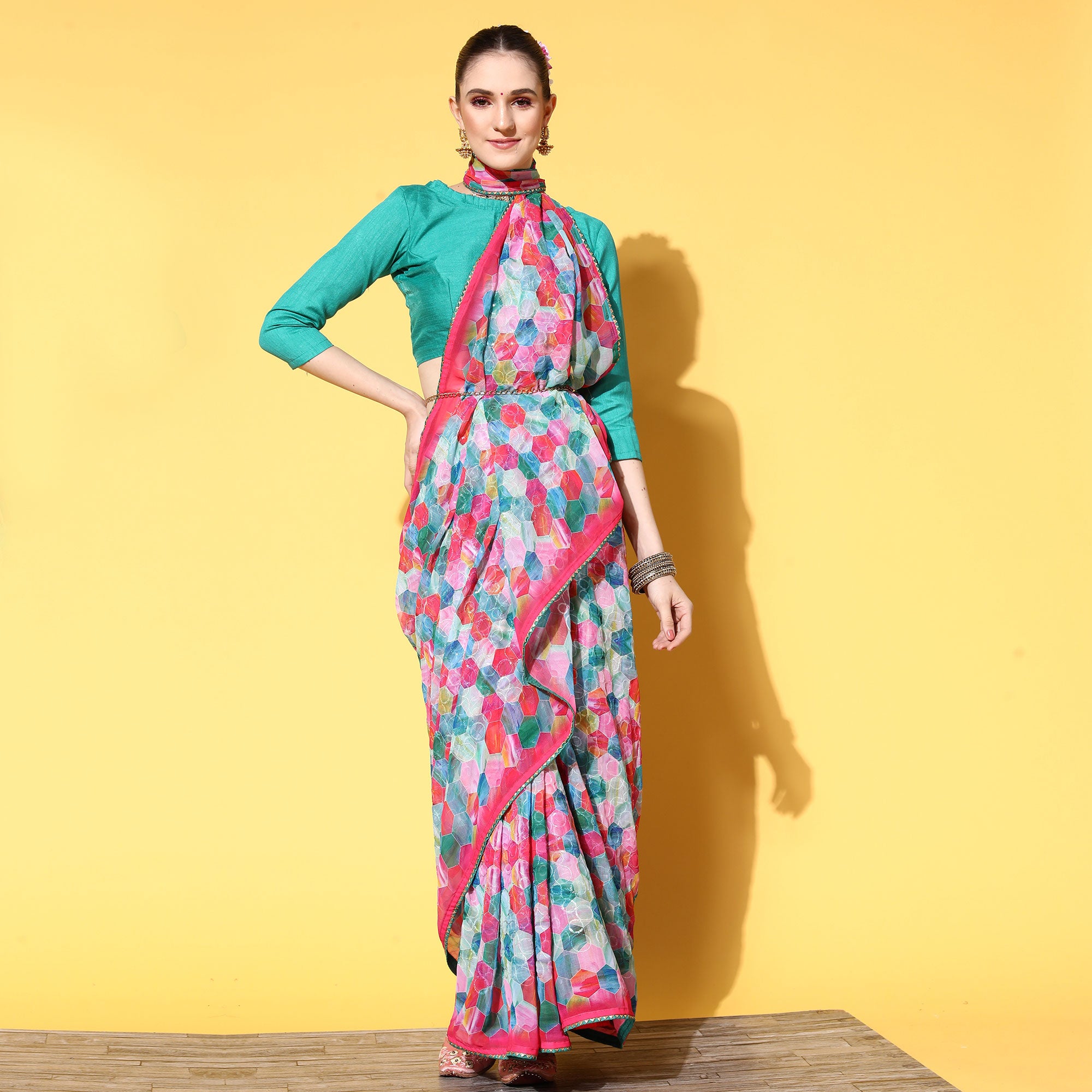 Multicolored Geometric Printed Georgette Saree