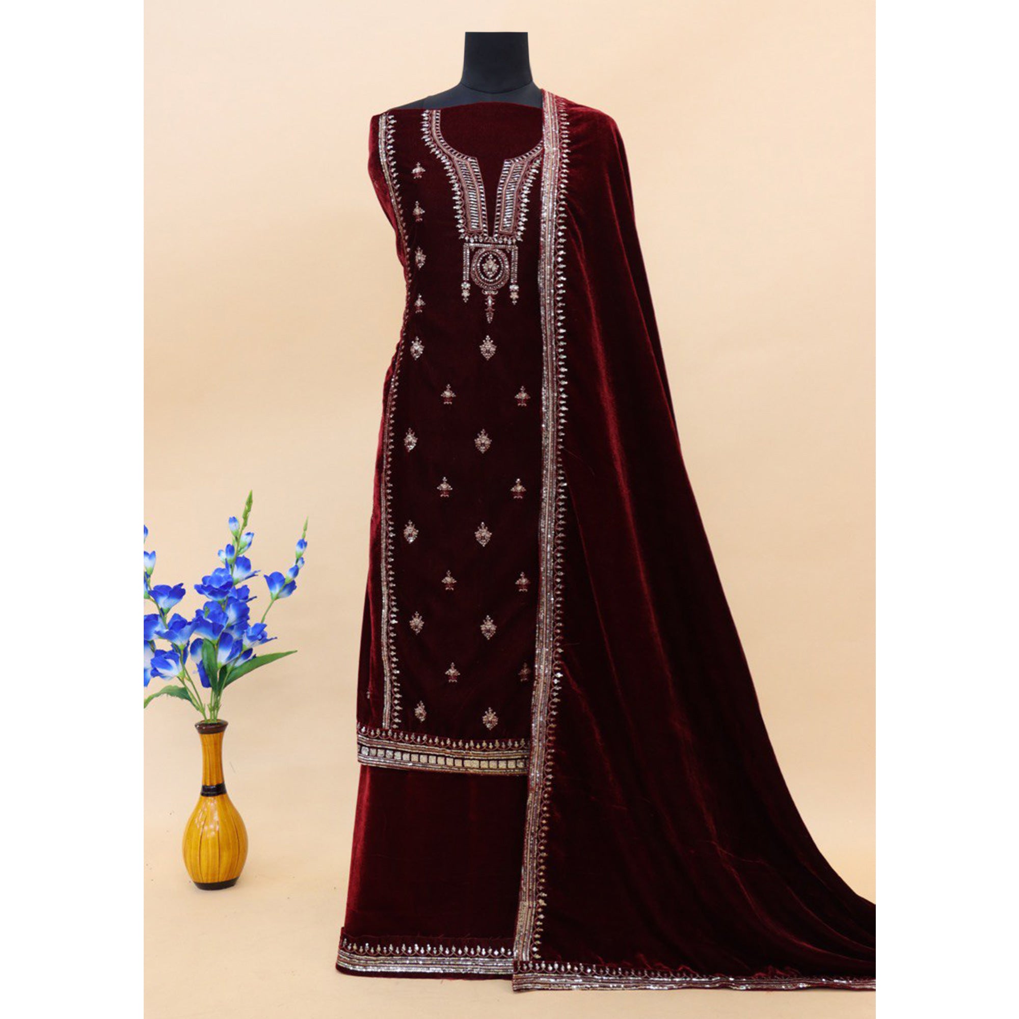 Maroon Embroidered Velvet Pakistani Suit