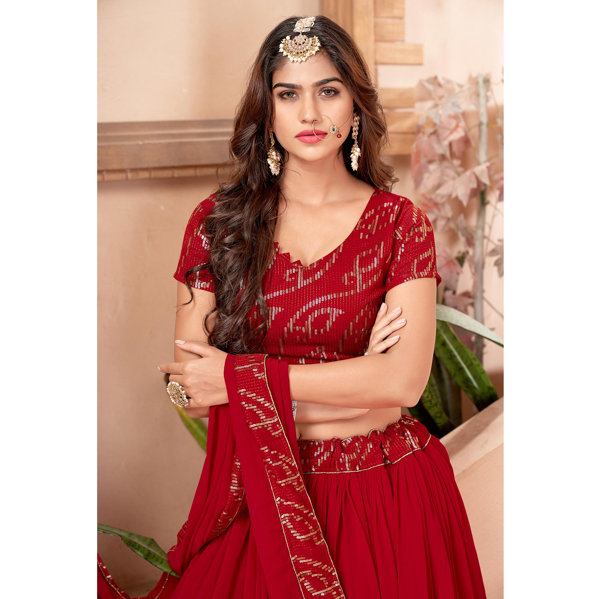 Red Sequins Embroidered Georgette Lehenga Choli
