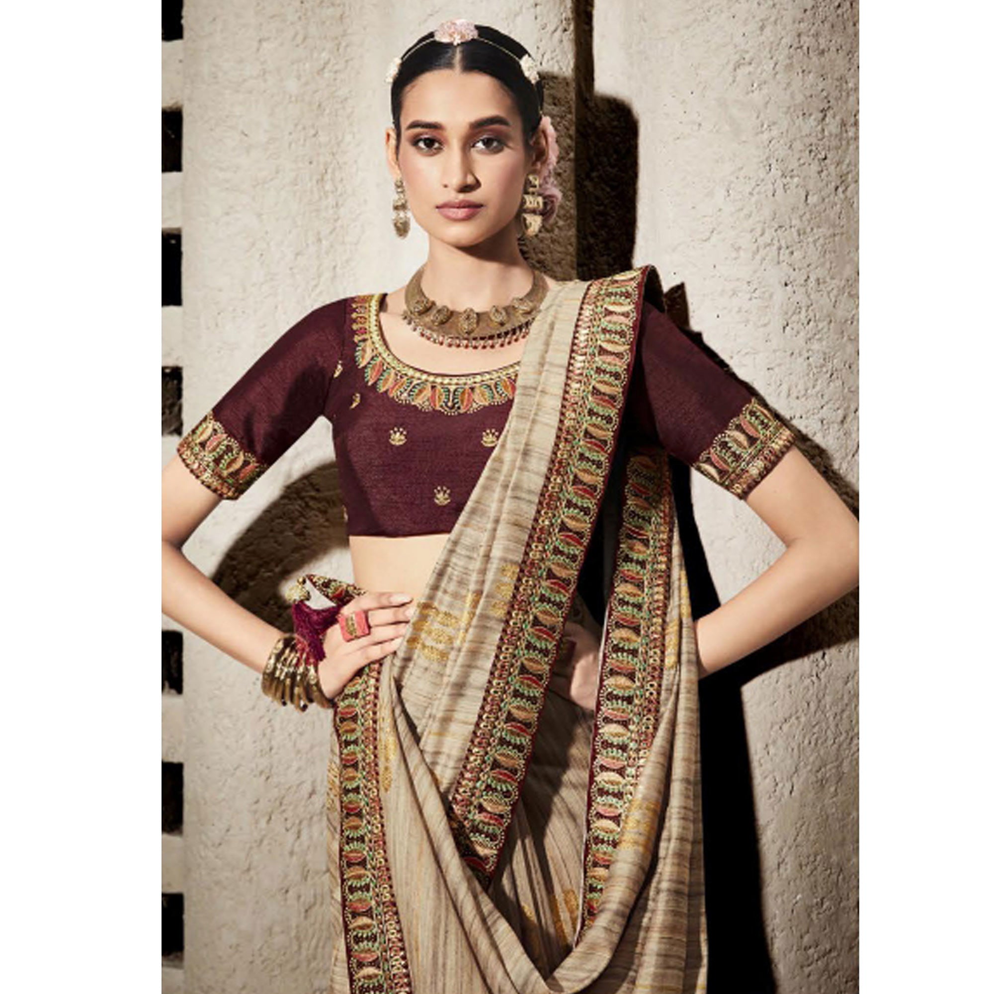 Light Brown Woven With Embroidered Border Organza Saree