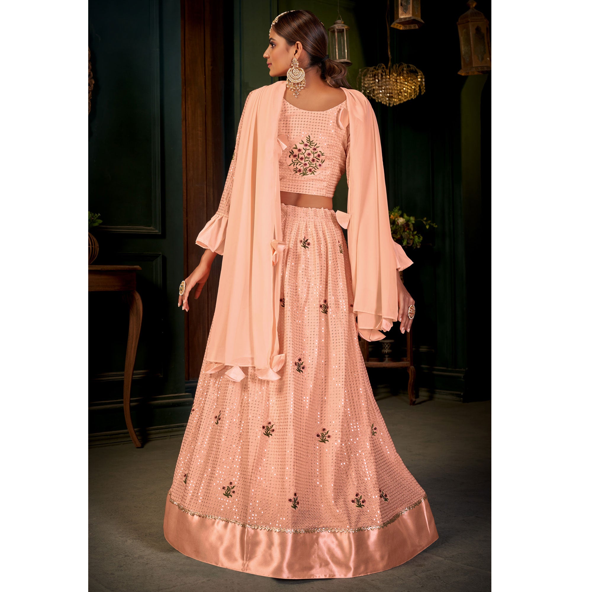 Peach Sequins Embroidered Georgette Lehenga Choli