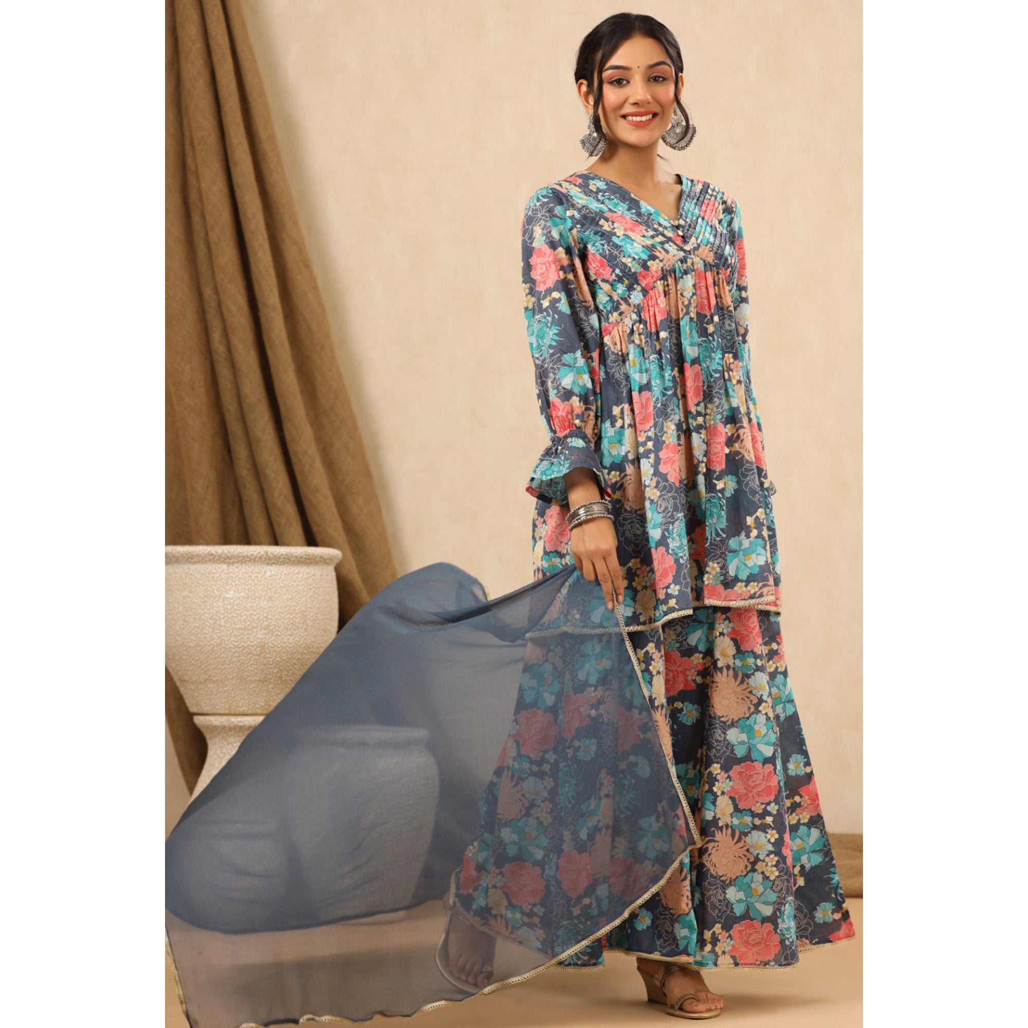 Grey Floral Printed Muslin Sharara Suit