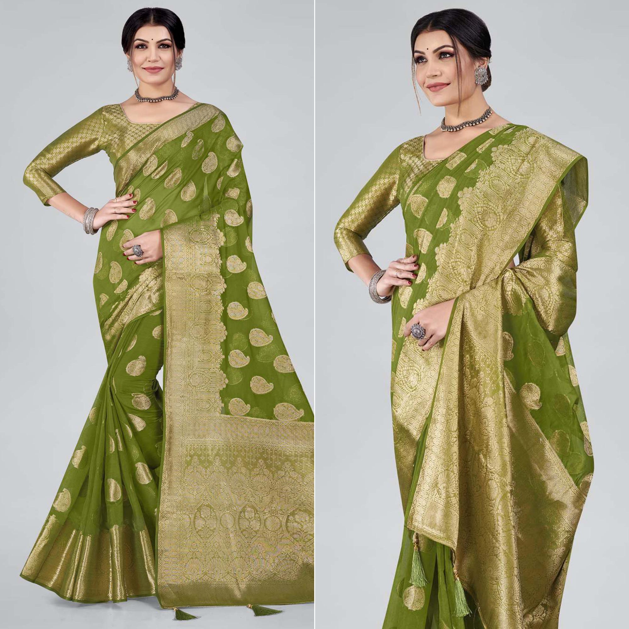 Green Woven Organza Saree With Tassels