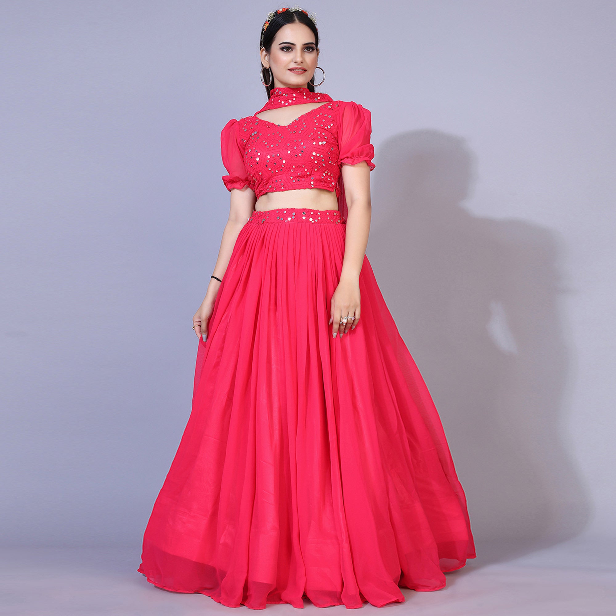 Pink Mirror Embroidered Georgette Lehenga Choli