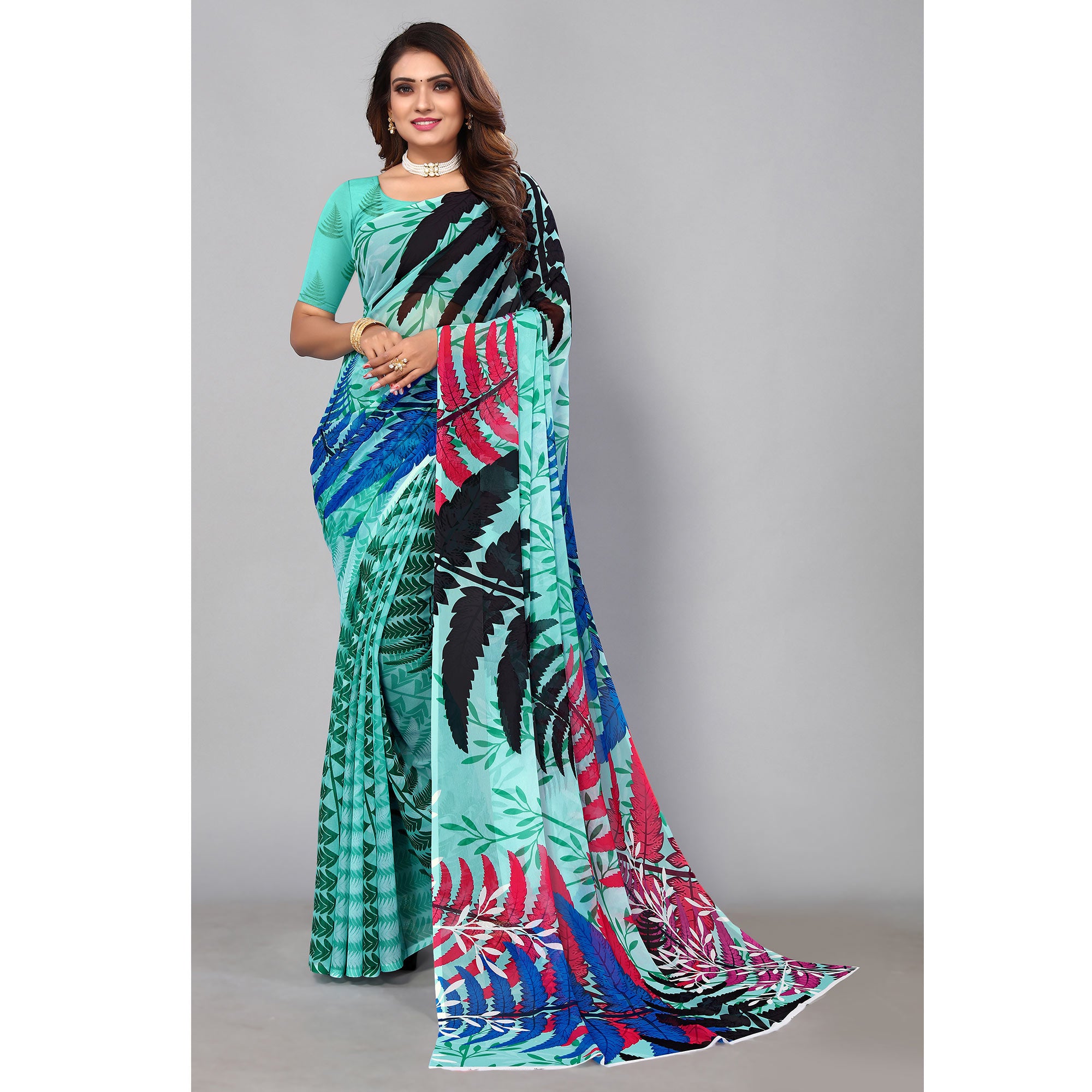 Turquoise Digital Printed Georgette Saree