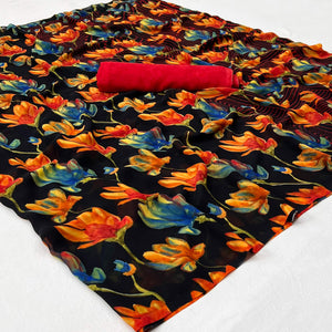 Black Floral Digital Printed Georgette Saree