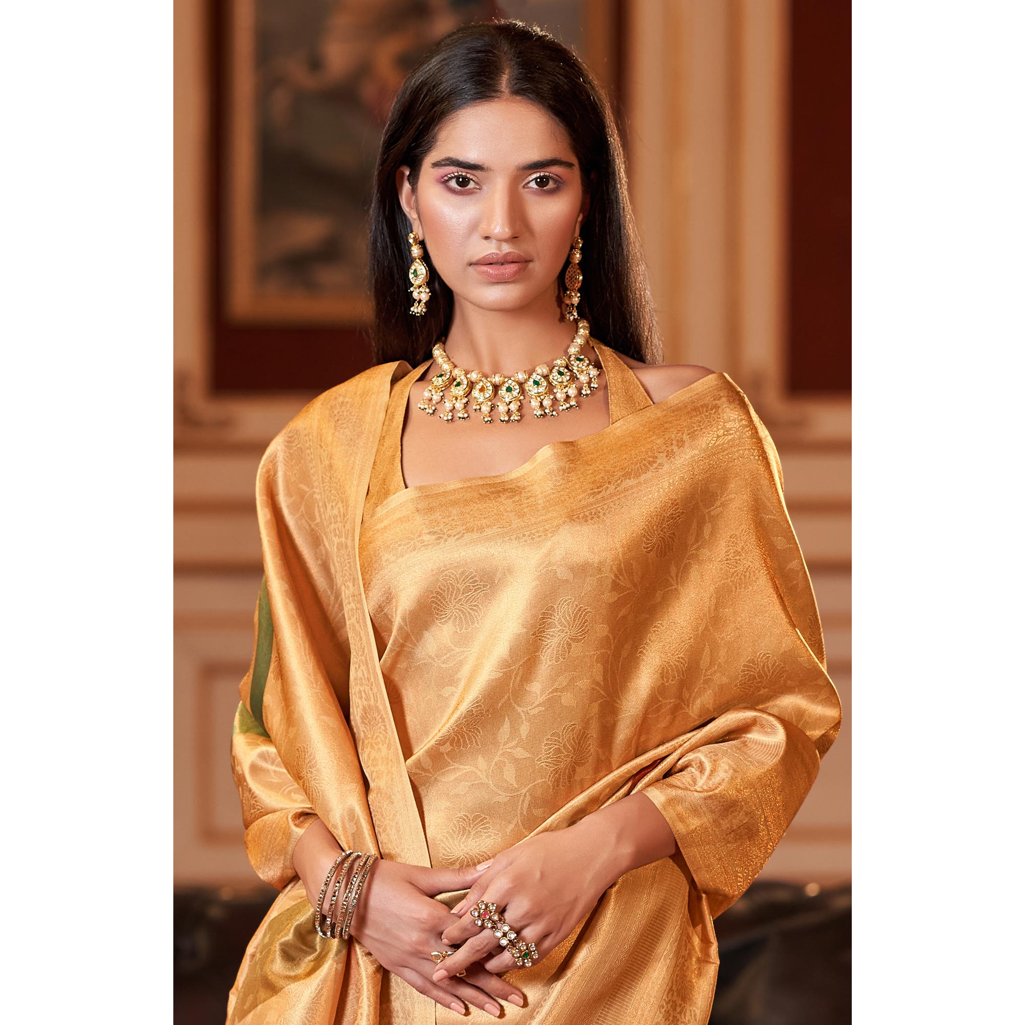 Golden Woven Jacquard Saree With Tassels