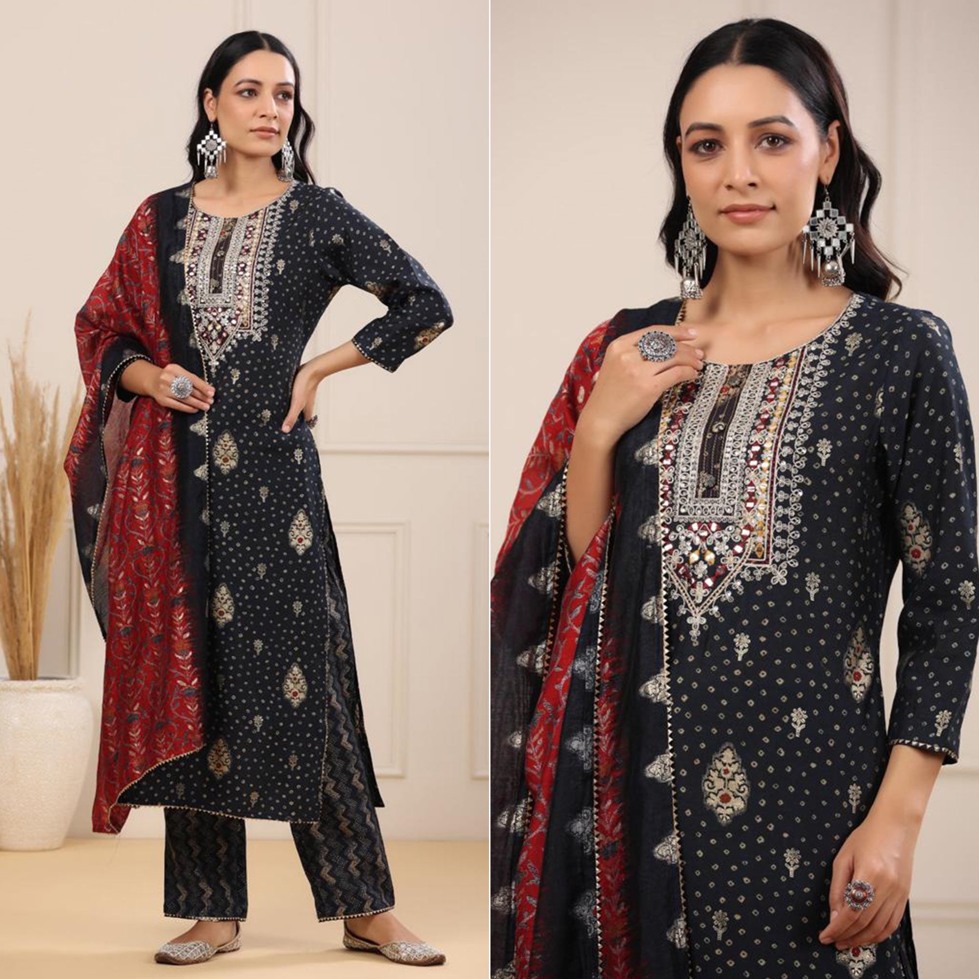 Black Jaipuri Printed With Embroidered Chanderi Salwar Suit