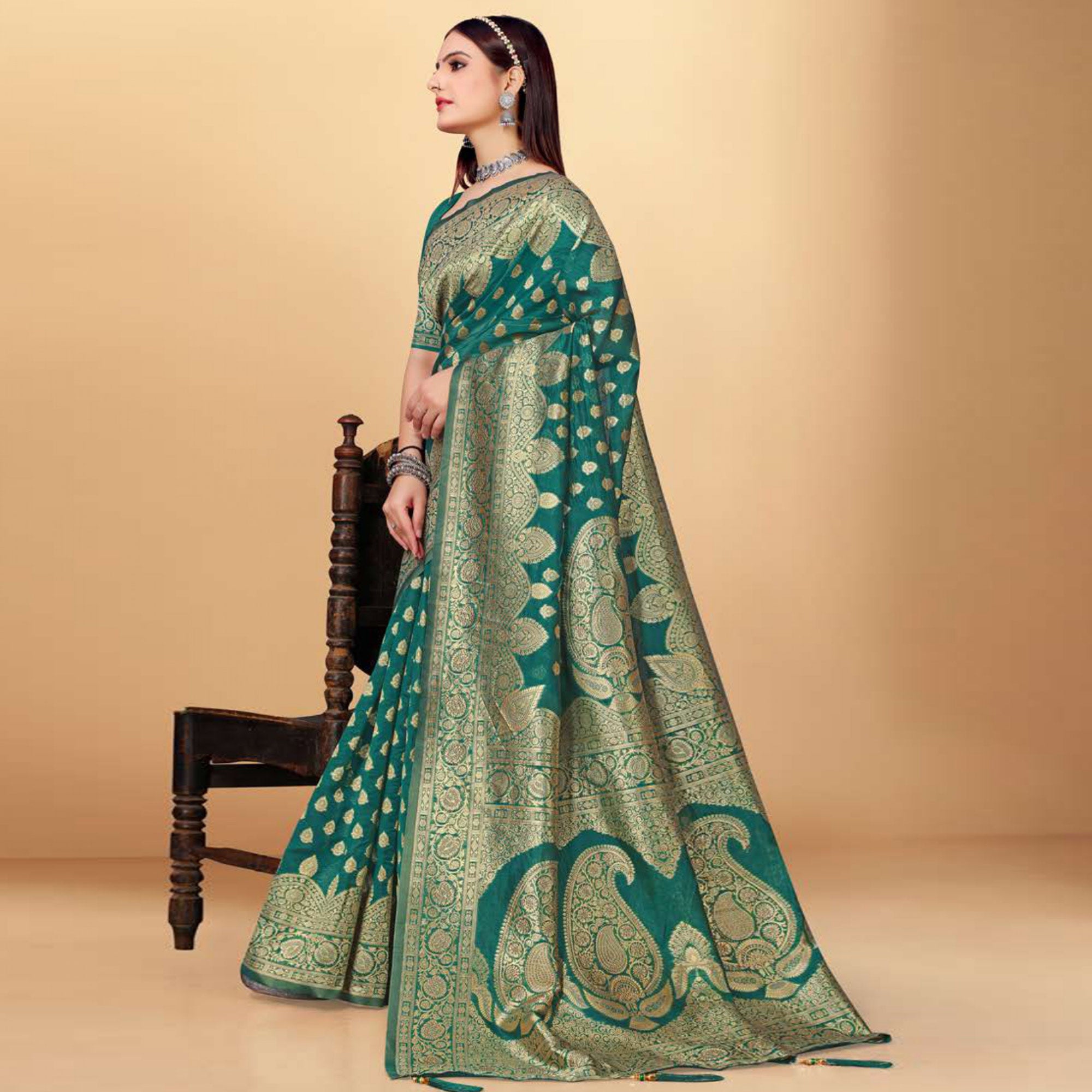 Green Woven Art Silk Saree With Tassels