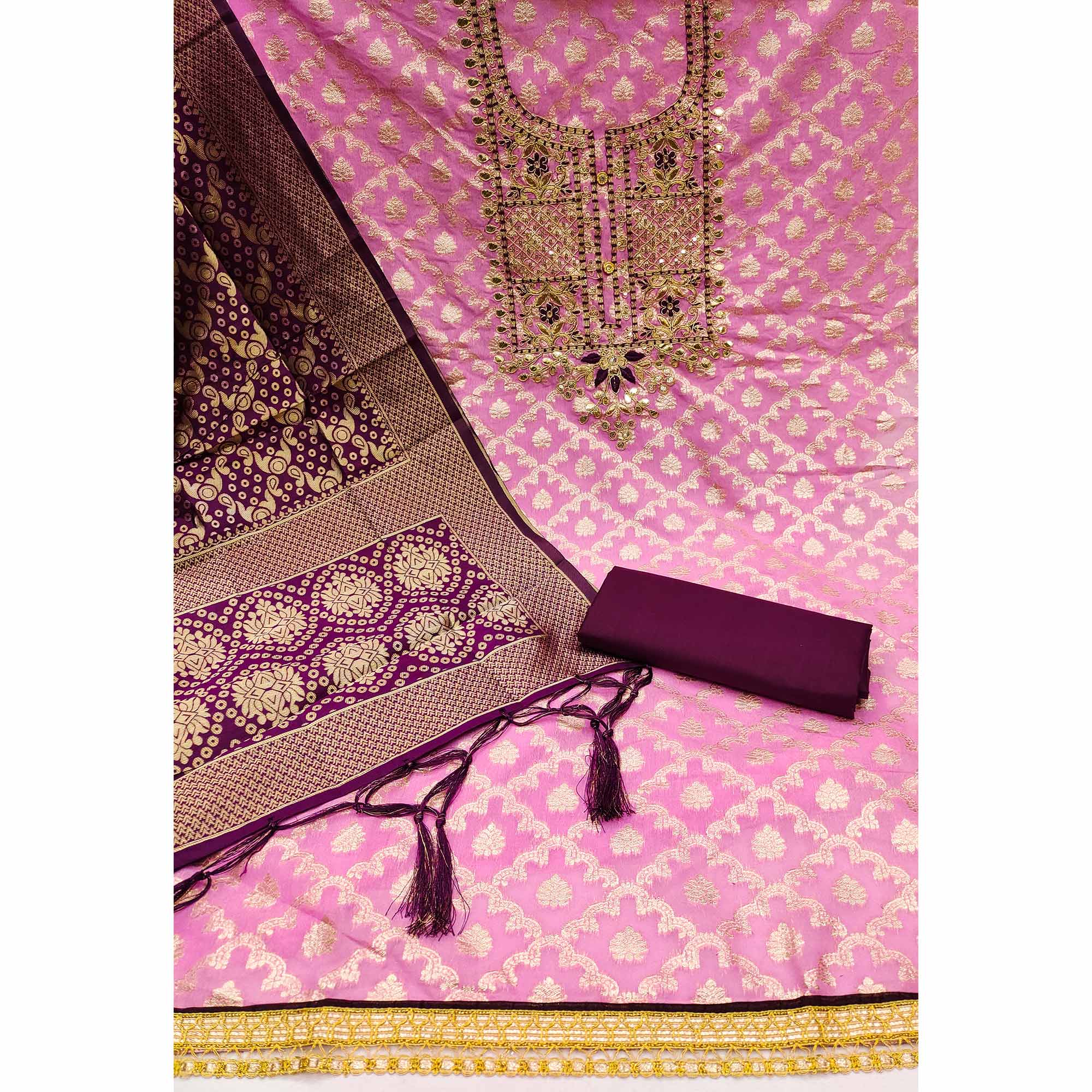 Pink Woven With Embroidered Chanderi Dress Material