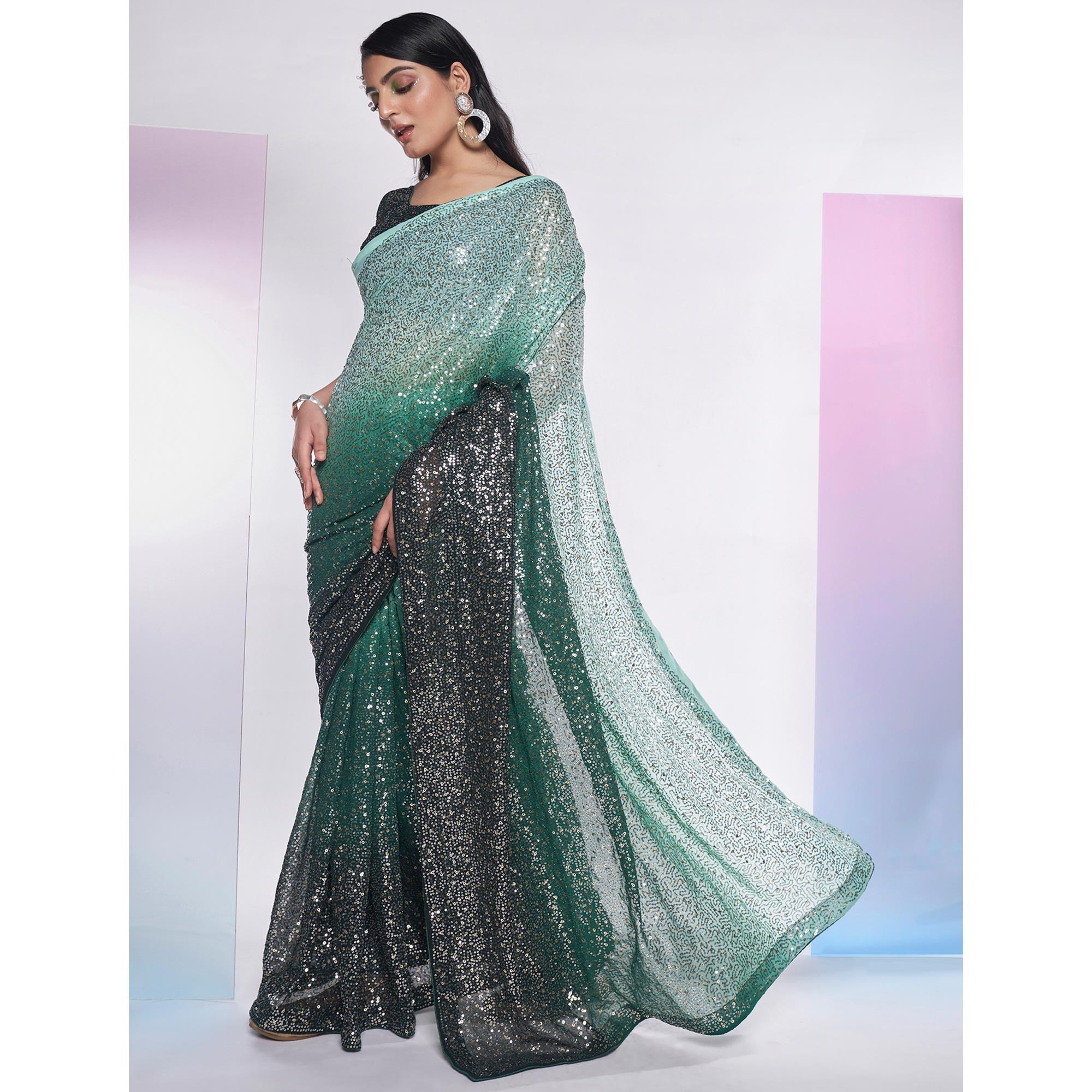 Green Sequins Embroidered Georgette Saree