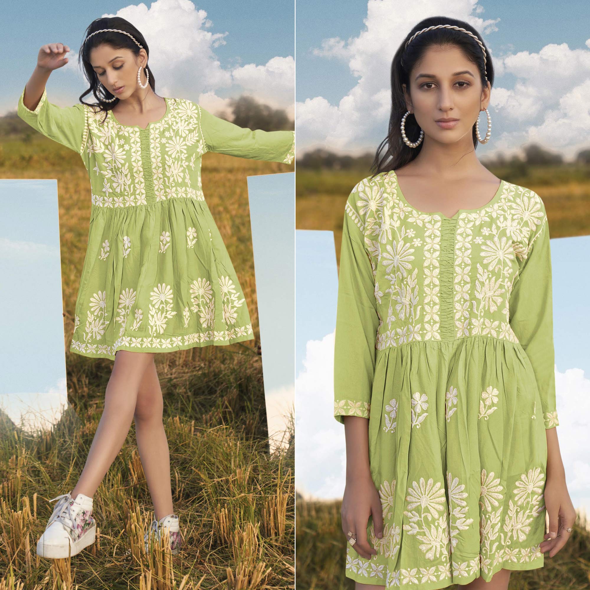 Pista Green Lucknowi Embroidered Rayon Tunic