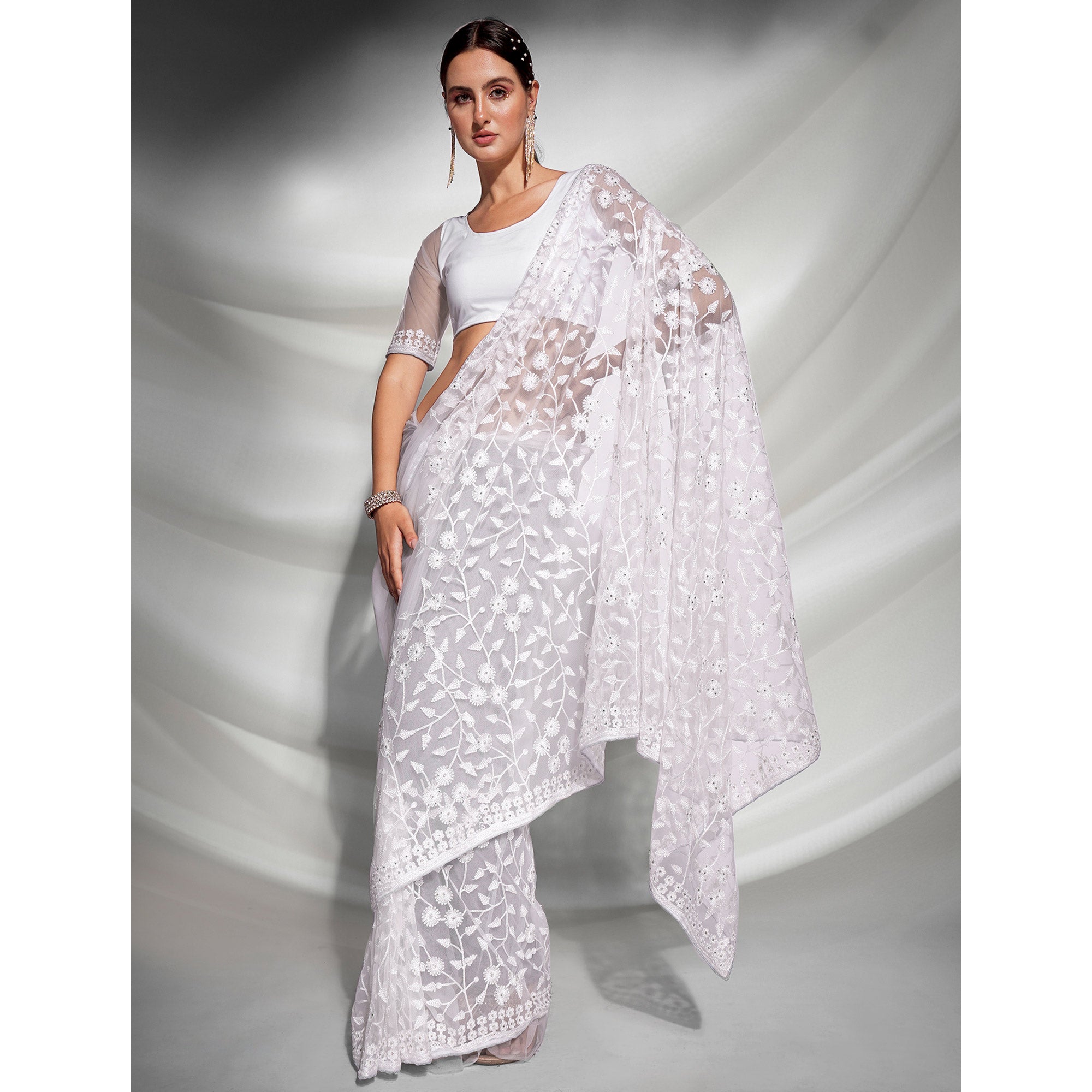 White Floral Embroidered Soft Net Saree