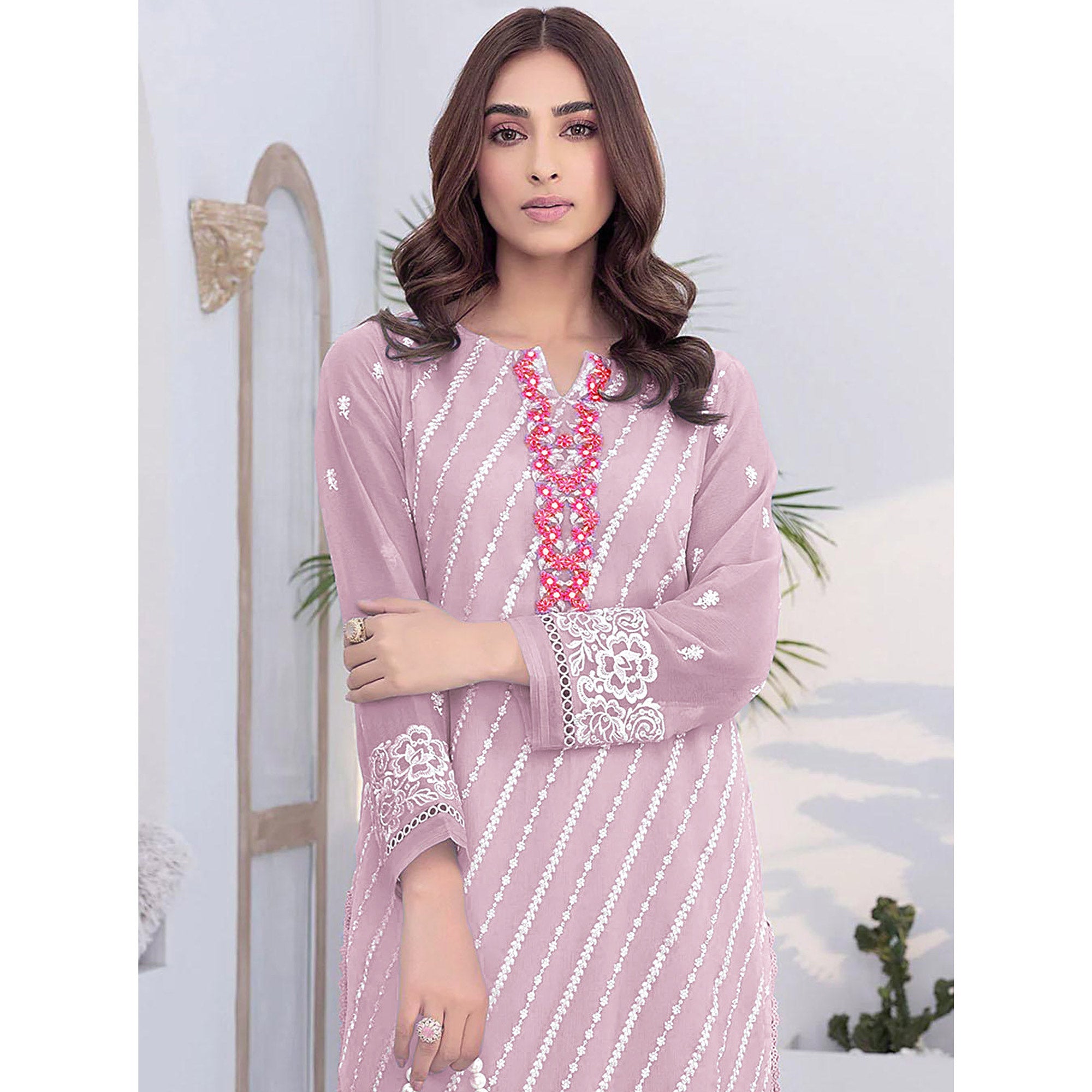 Light Pink Floral Embroidered Georgette Semi Stitched Suit
