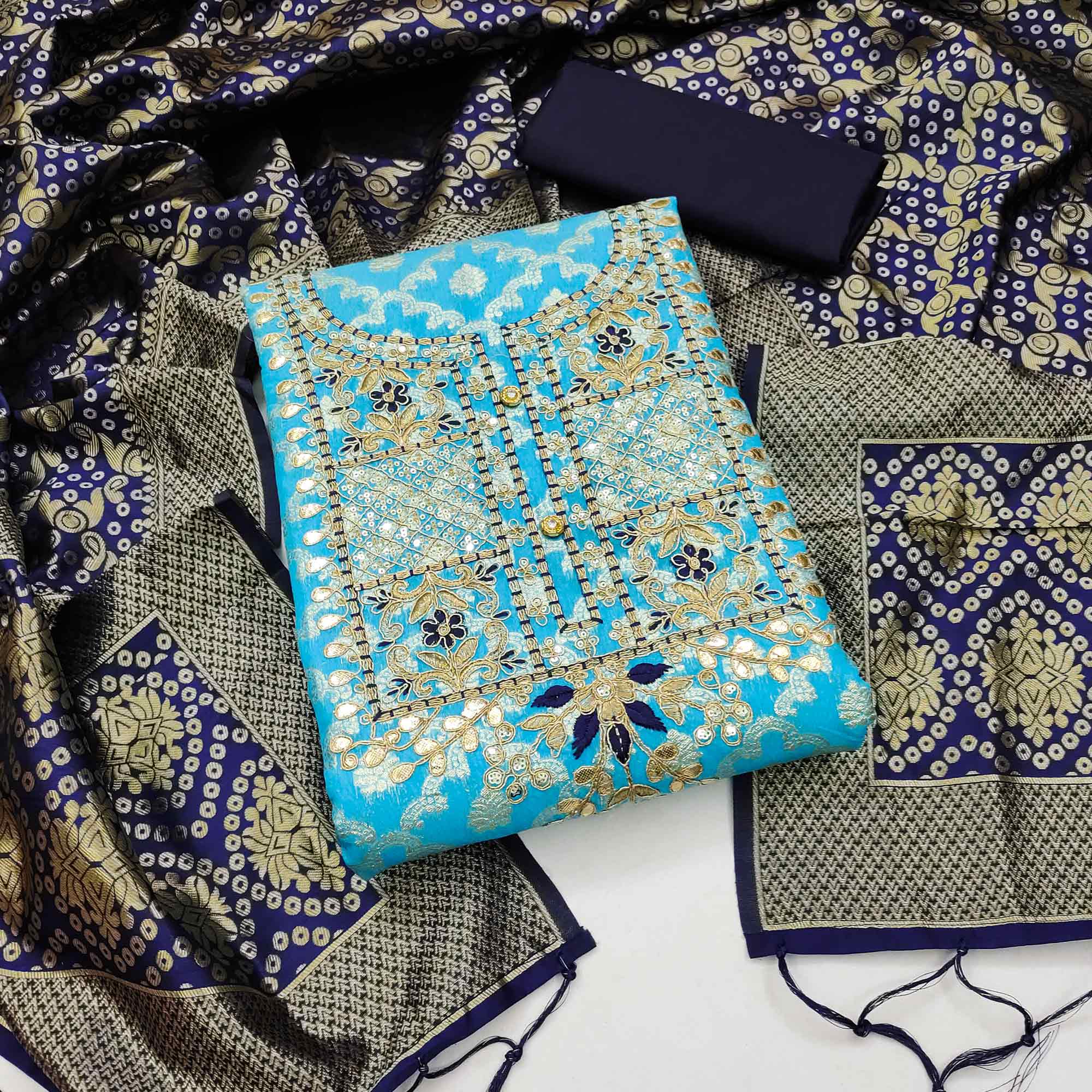 Sky Blue Woven With Embroidered Chanderi Dress Material