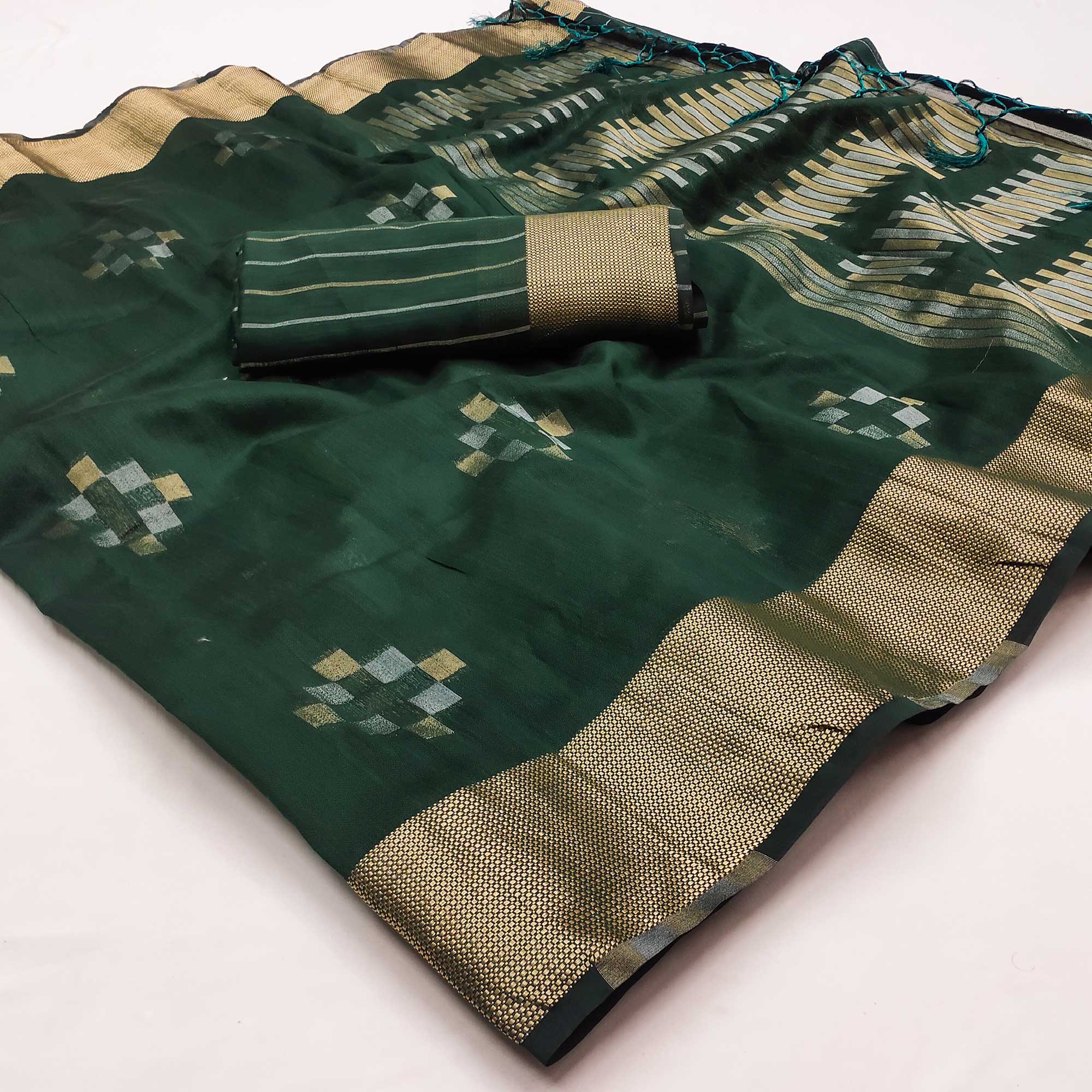 Green Woven Khaadi Saree With Tassels