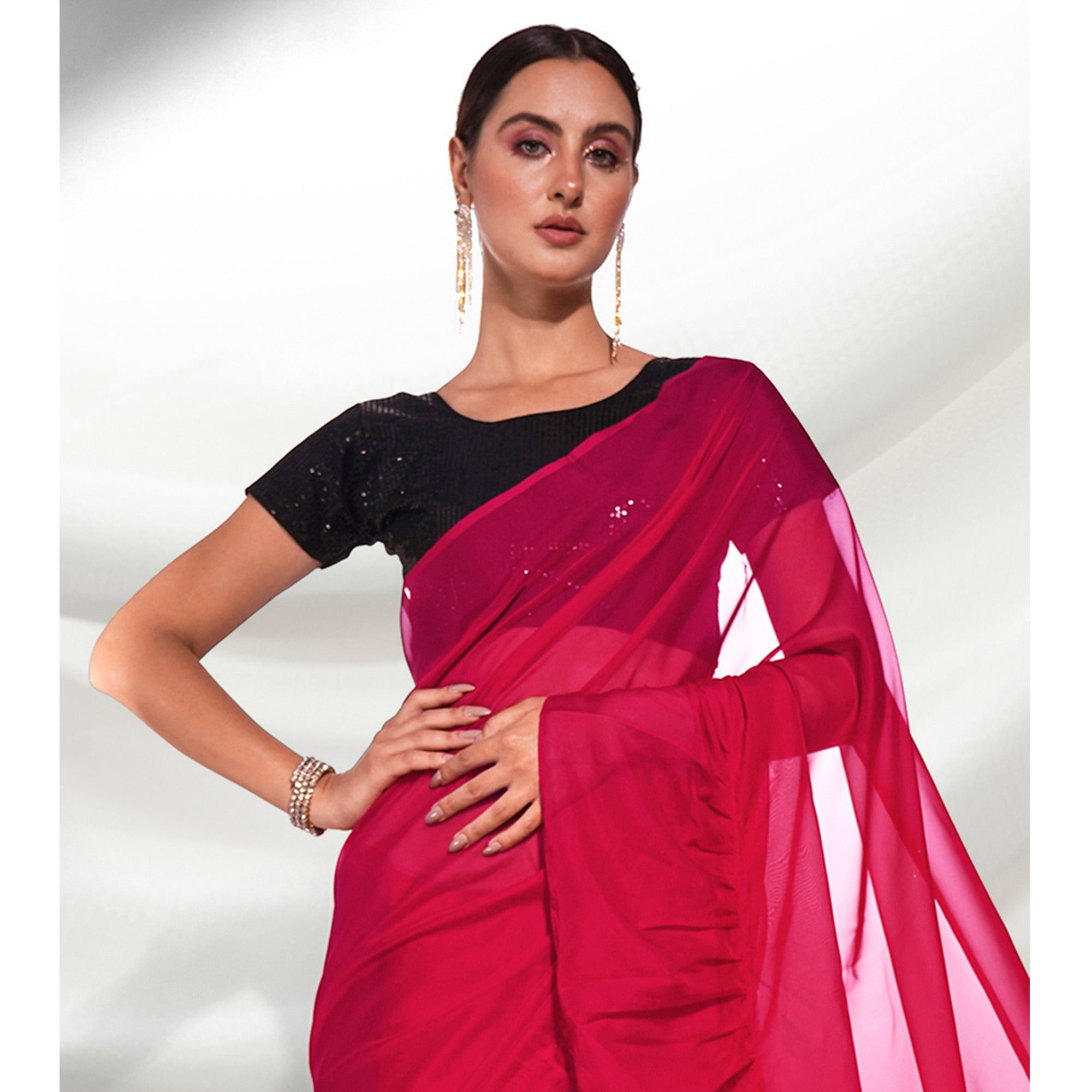 Pink Solid Organza Frill Saree