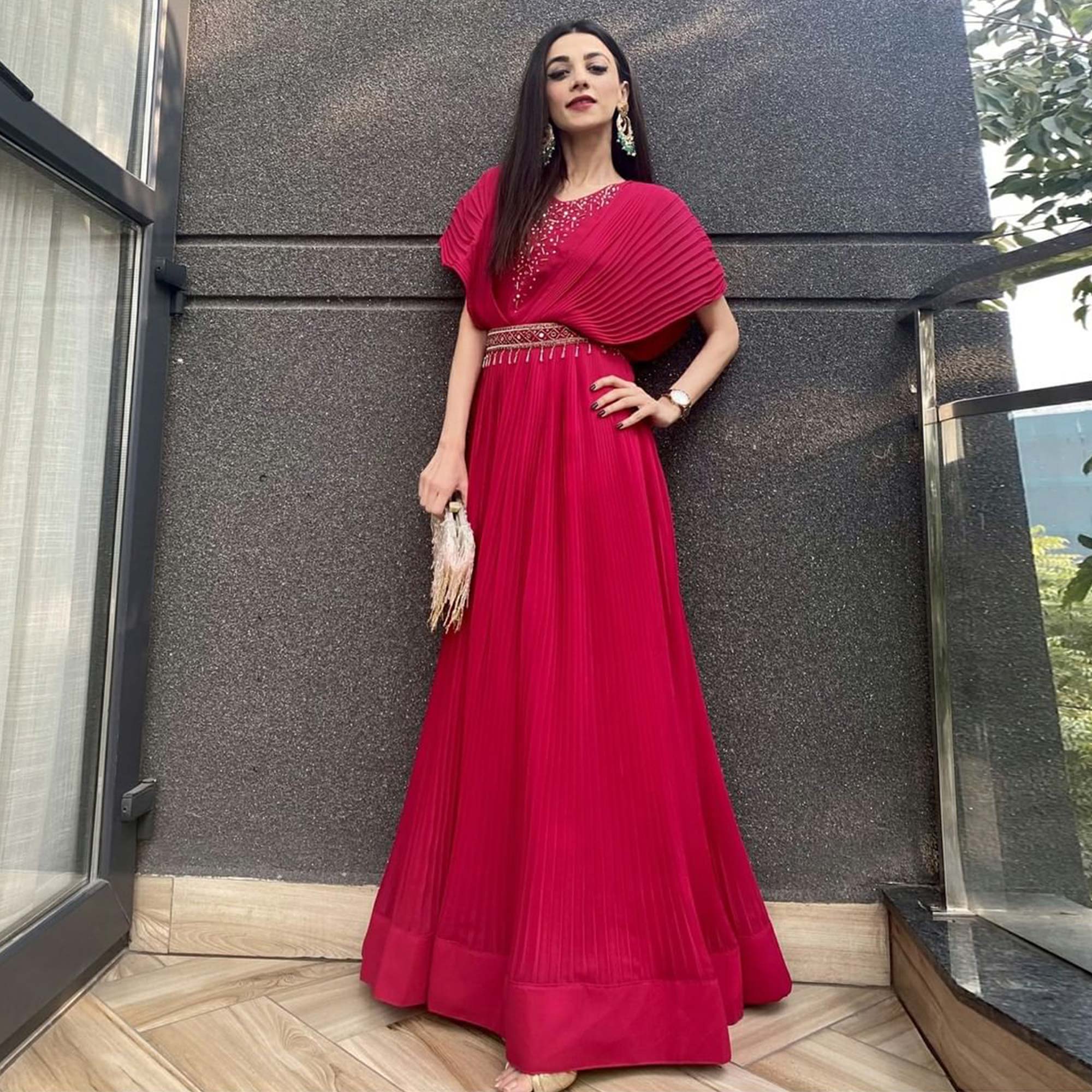 Pink Embellished Georgette Gown With Belt
