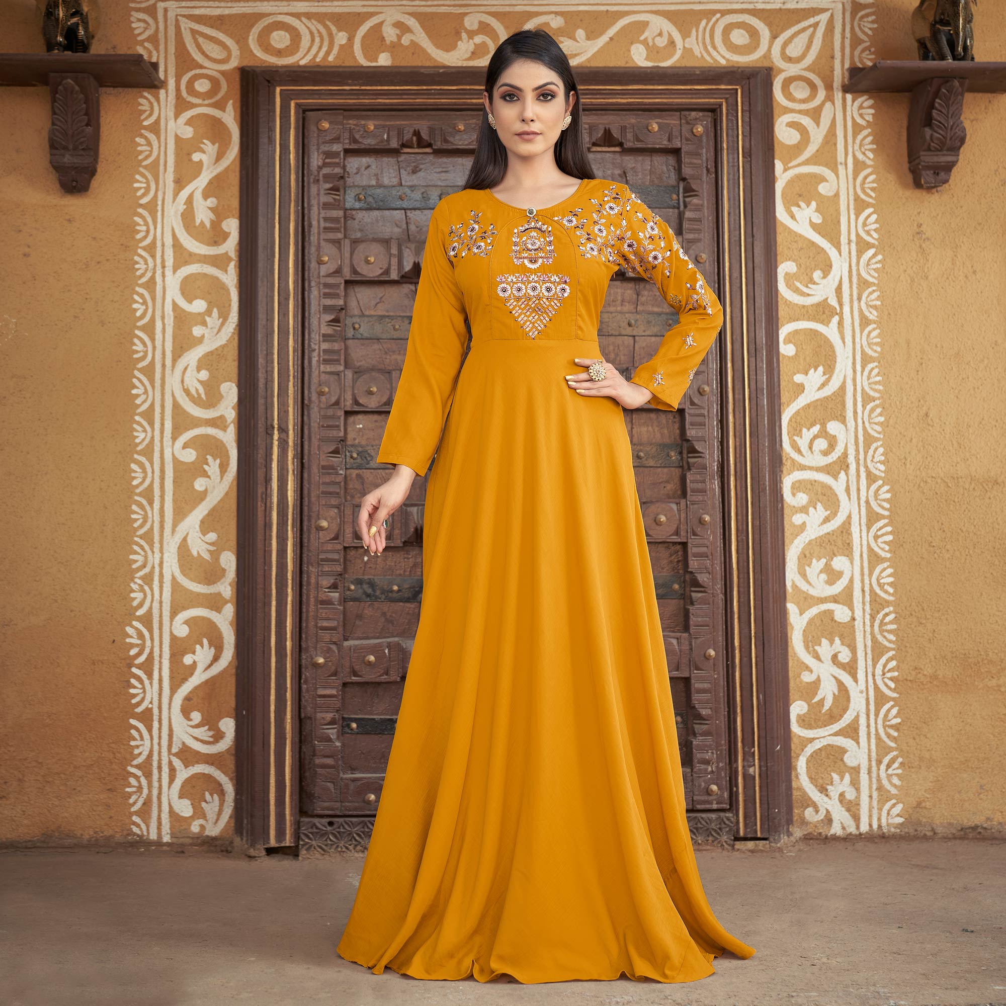 Mustard Floral Embroidered Muslin Gown