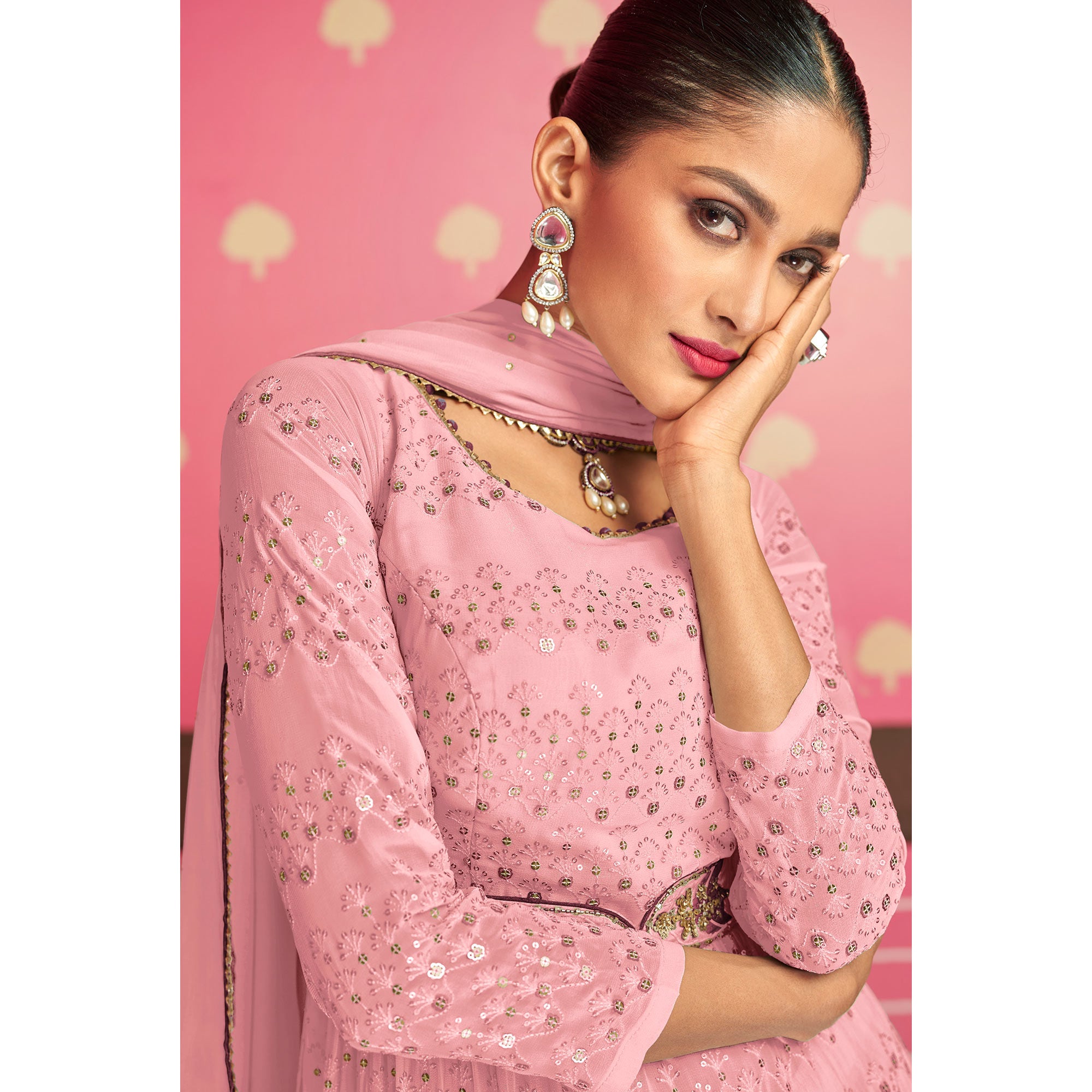 Pink Sequins Embroidered Georgette Naira Cut Suit