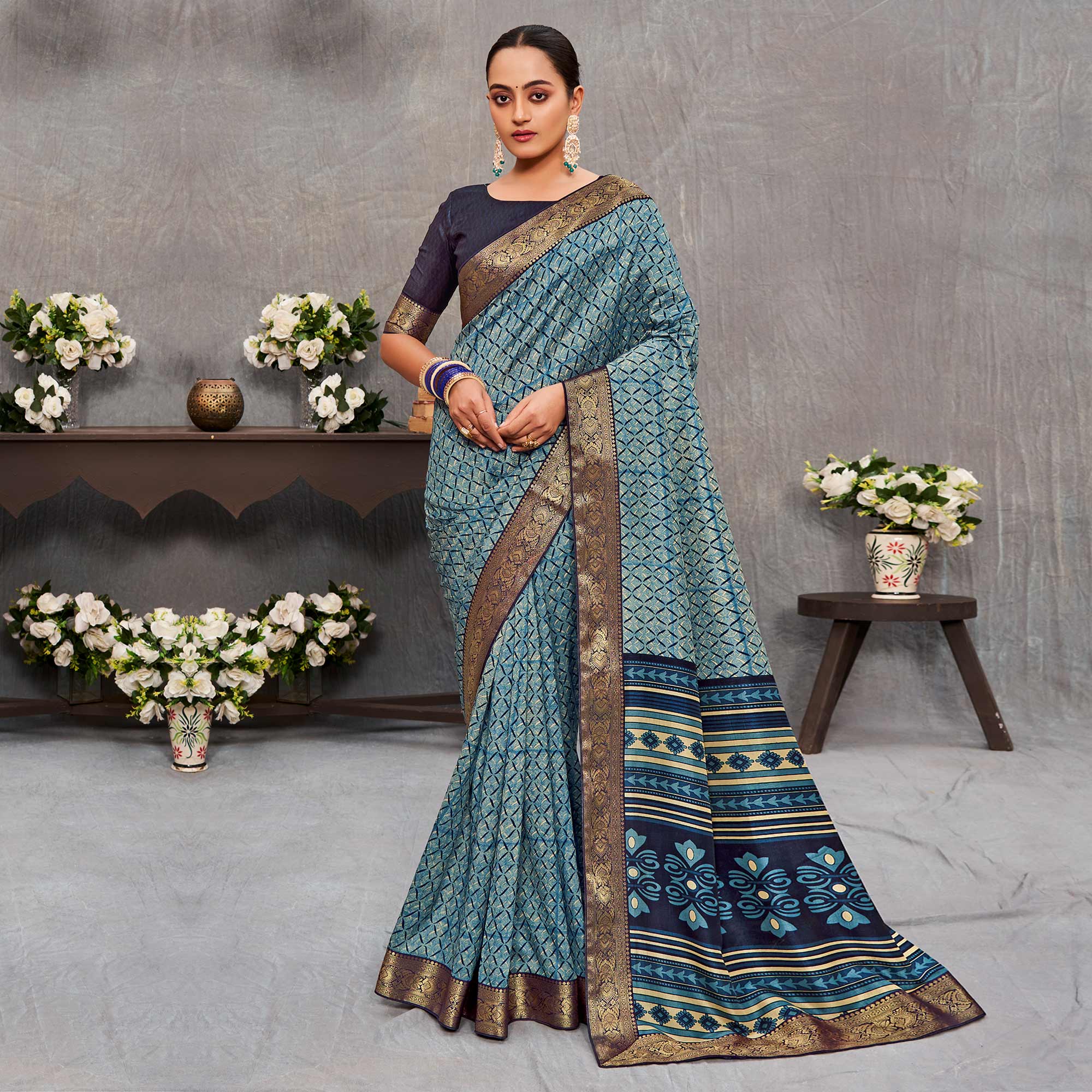 Multicolor Printed With lace Border Tussar Silk Saree