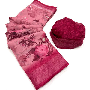 Pink Floral Printed Linen Saree