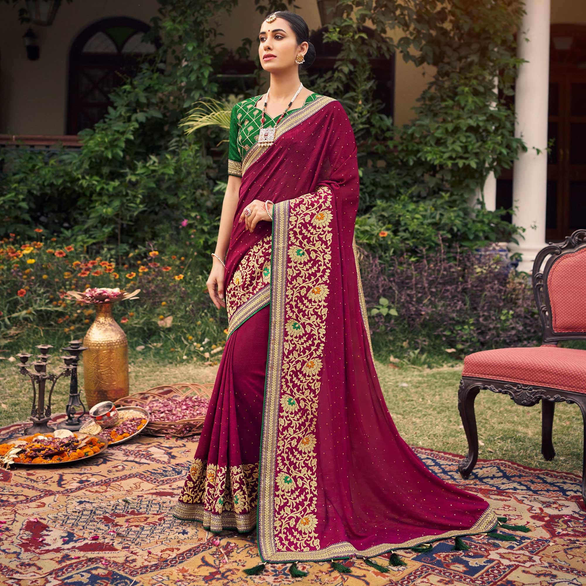 Purple Embroidered With Stone Work Vichitra Silk Saree