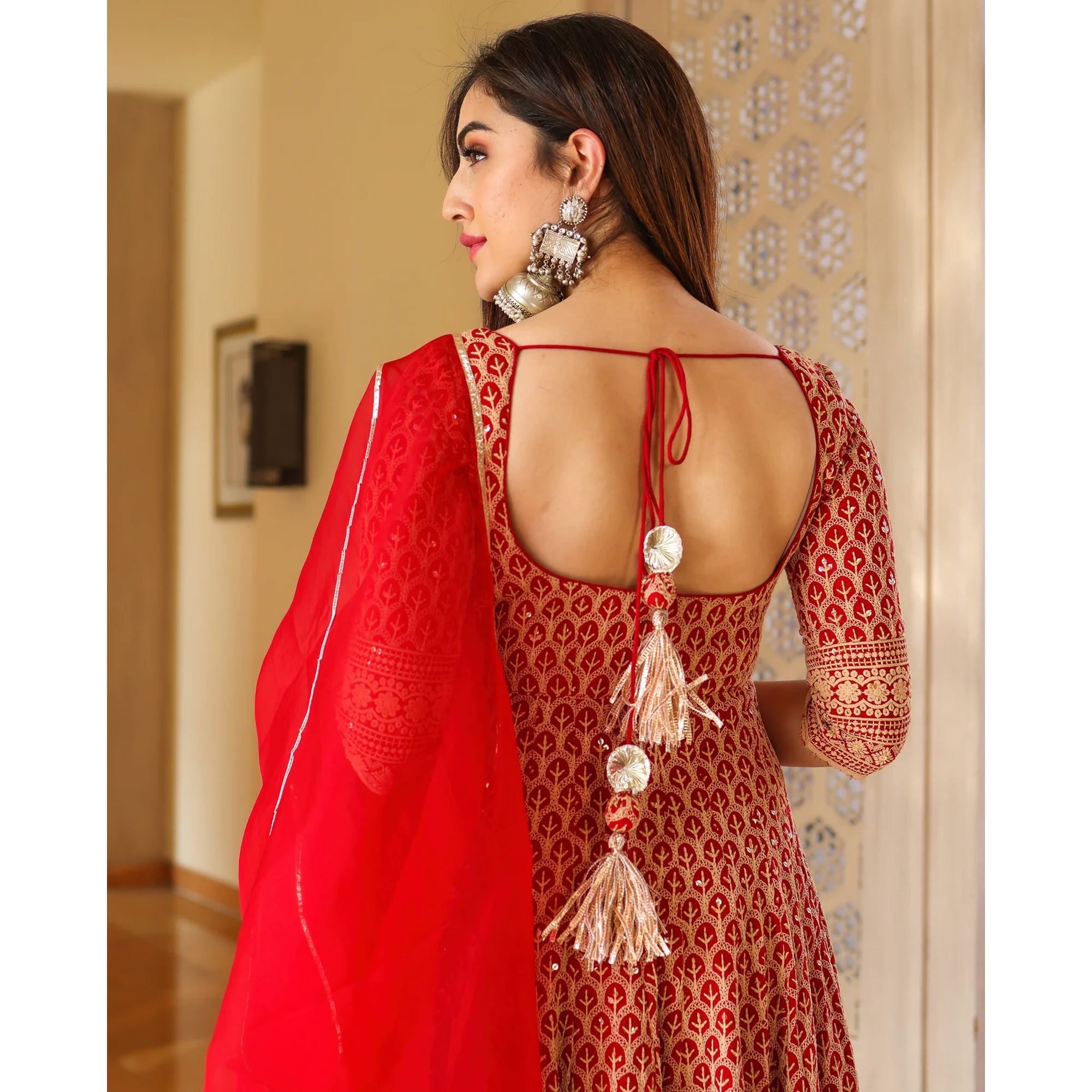 Red Embroidered Rayon Gown