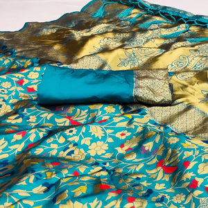 Blue Floral Woven Art Silk Saree