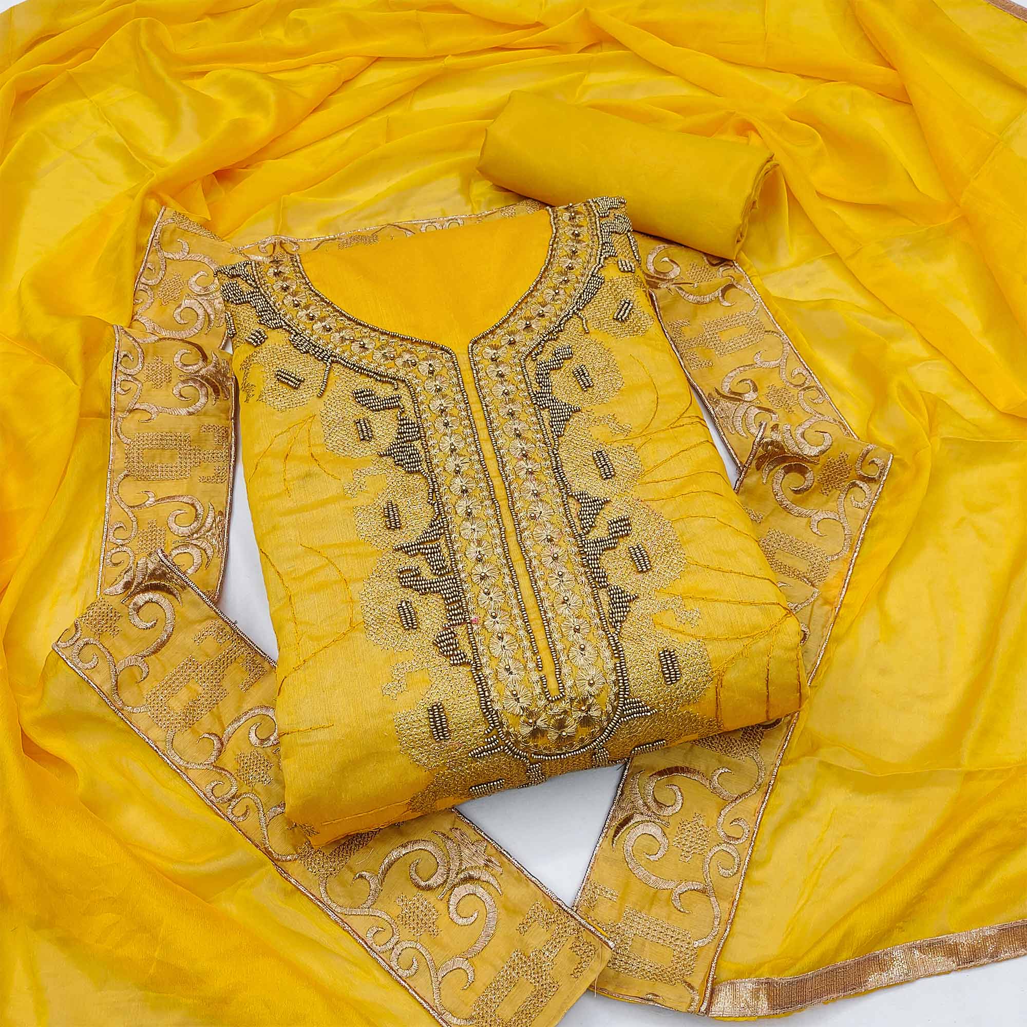 Yellow Handwork Embroidered Modal Dress Material