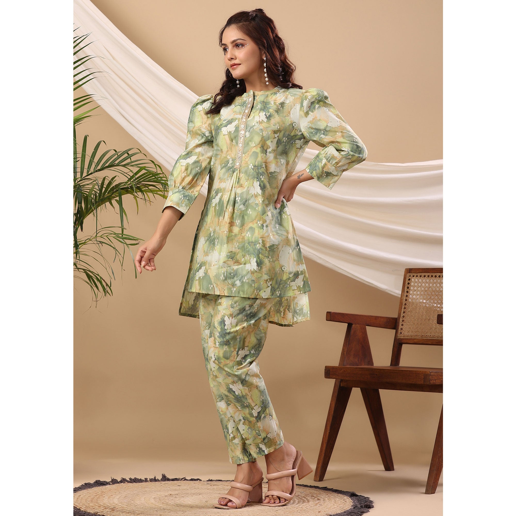 Green Floral Printed Cotton Silk Co Ord Set