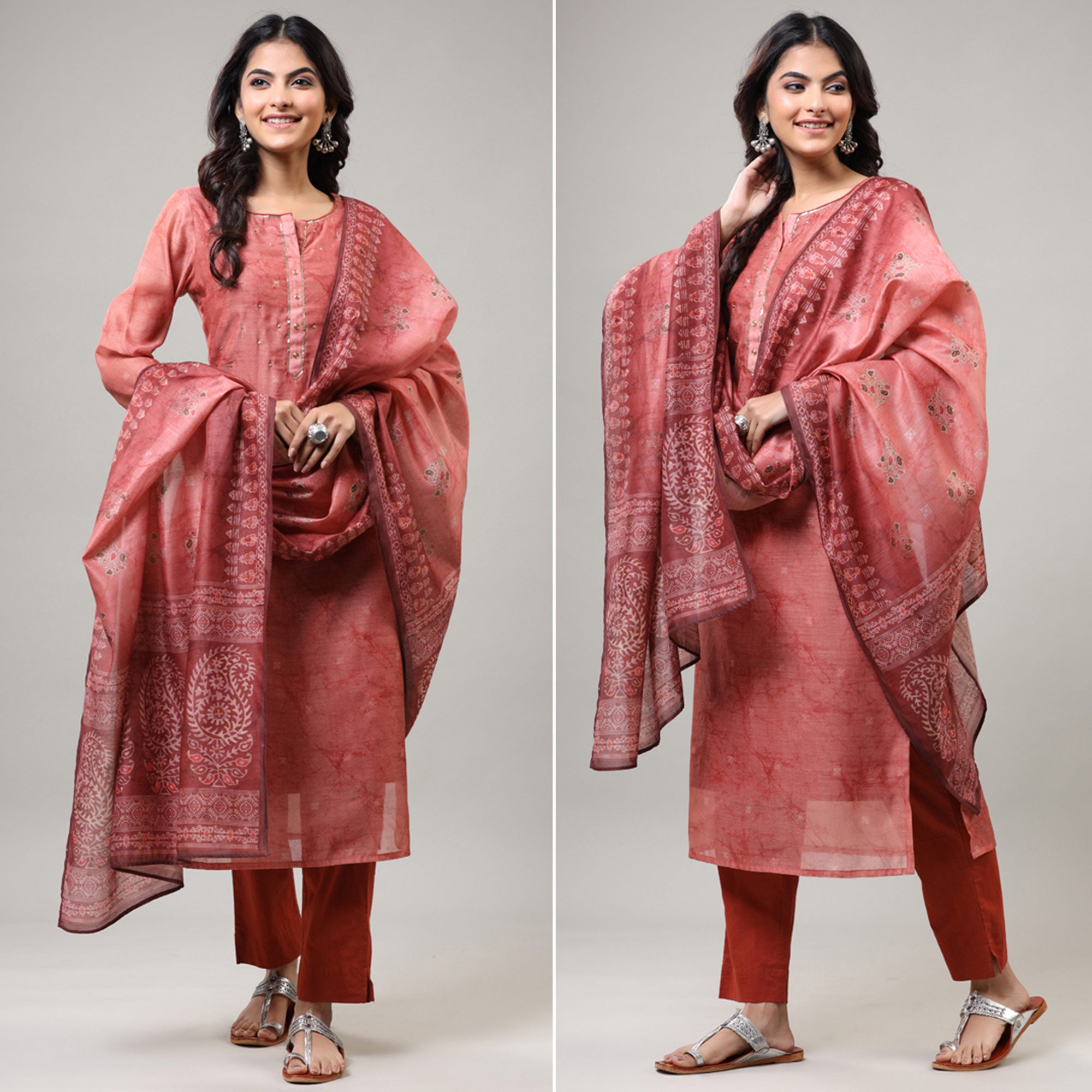 Peach Printed With Sequins Work Chanderi Salwar Suit