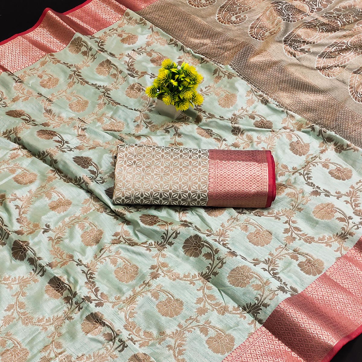 Sea Green Floral Woven Kanjivaram Silk Saree