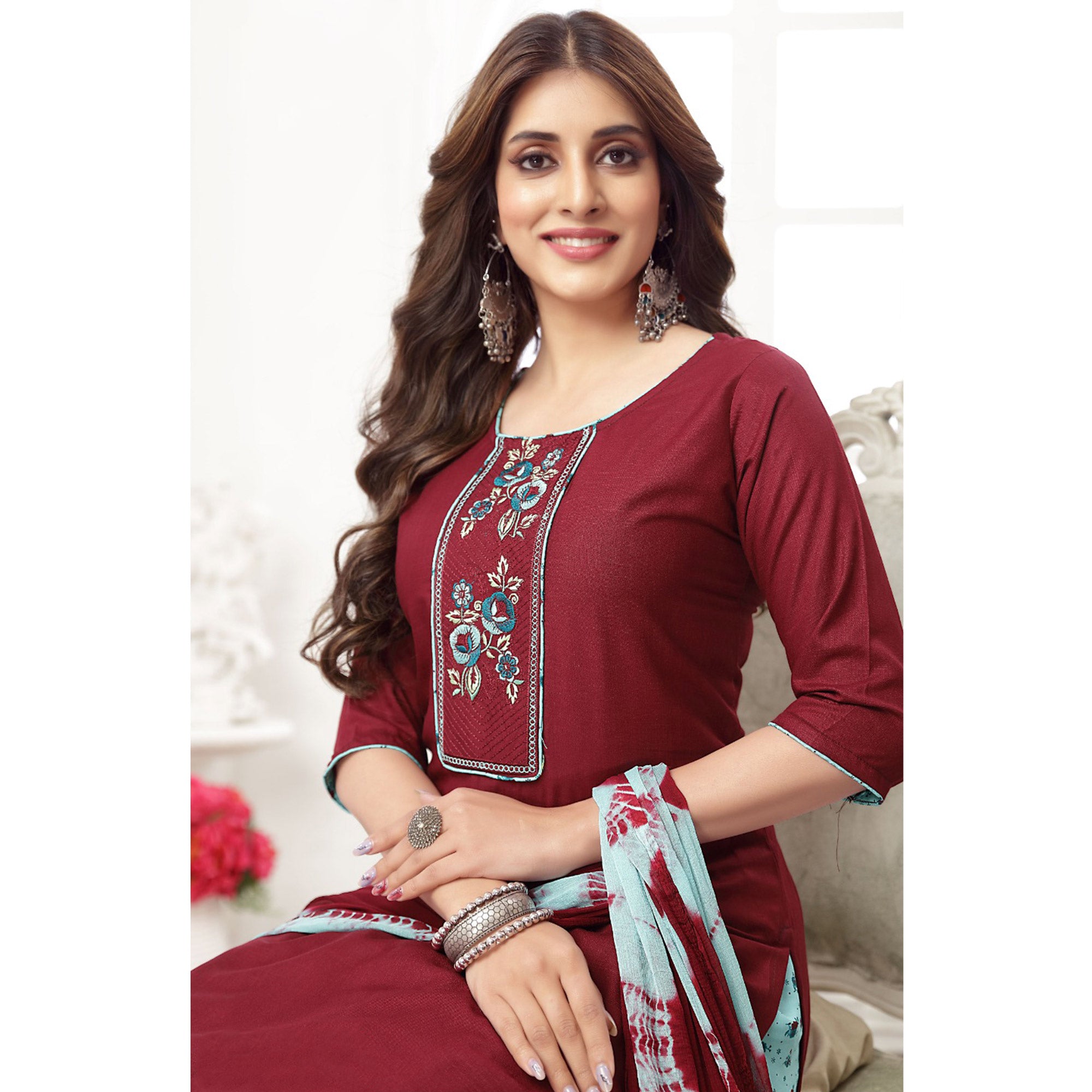 Maroon Embroidered Rayon Patiala Suit