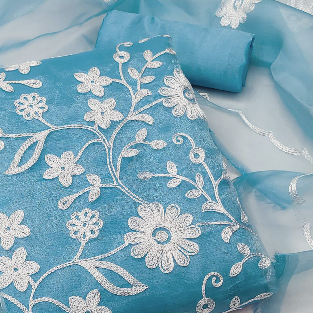 Sky Blue Floral Embroidered Organza Dress Material