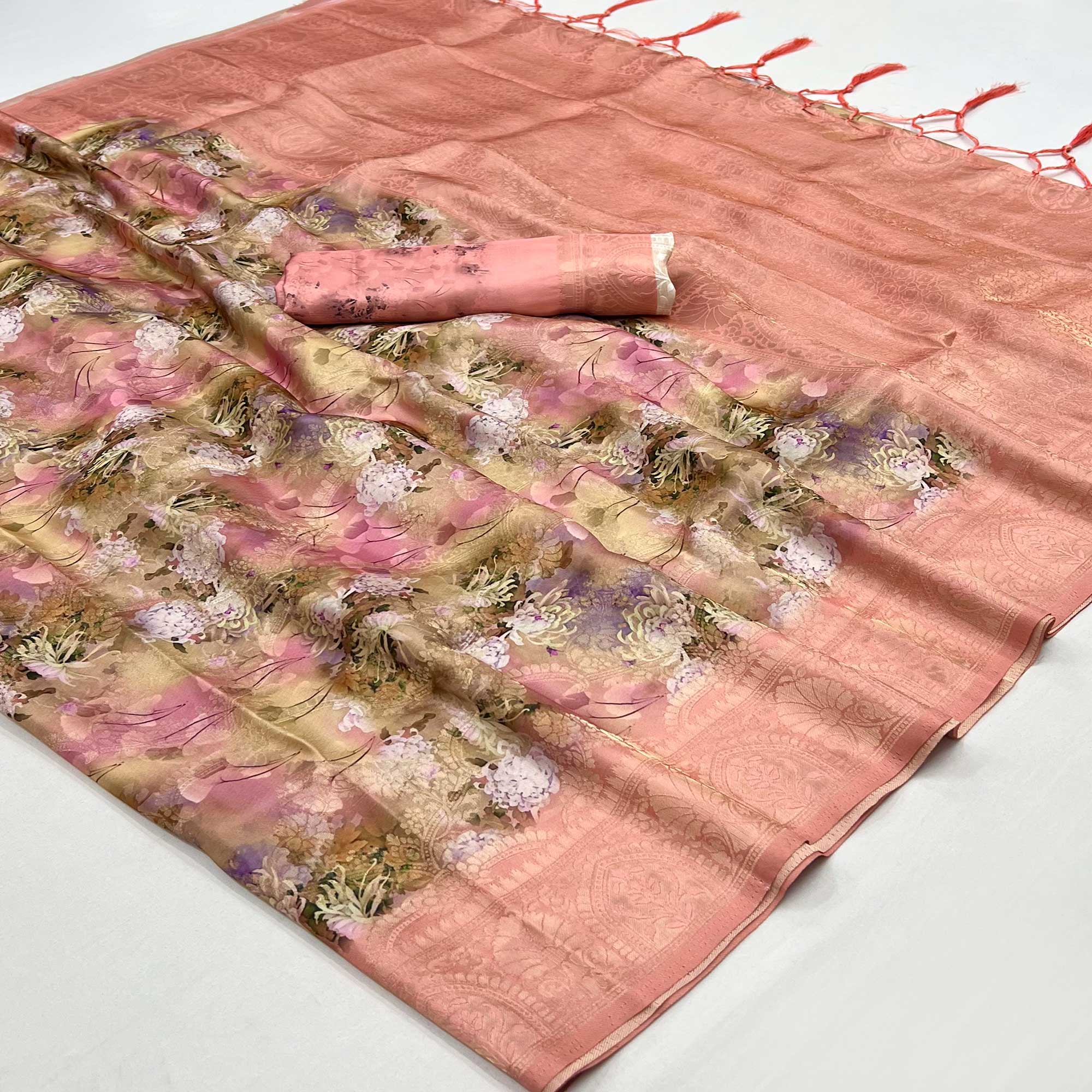 Peach Floral Digital Printed Jacquard Saree