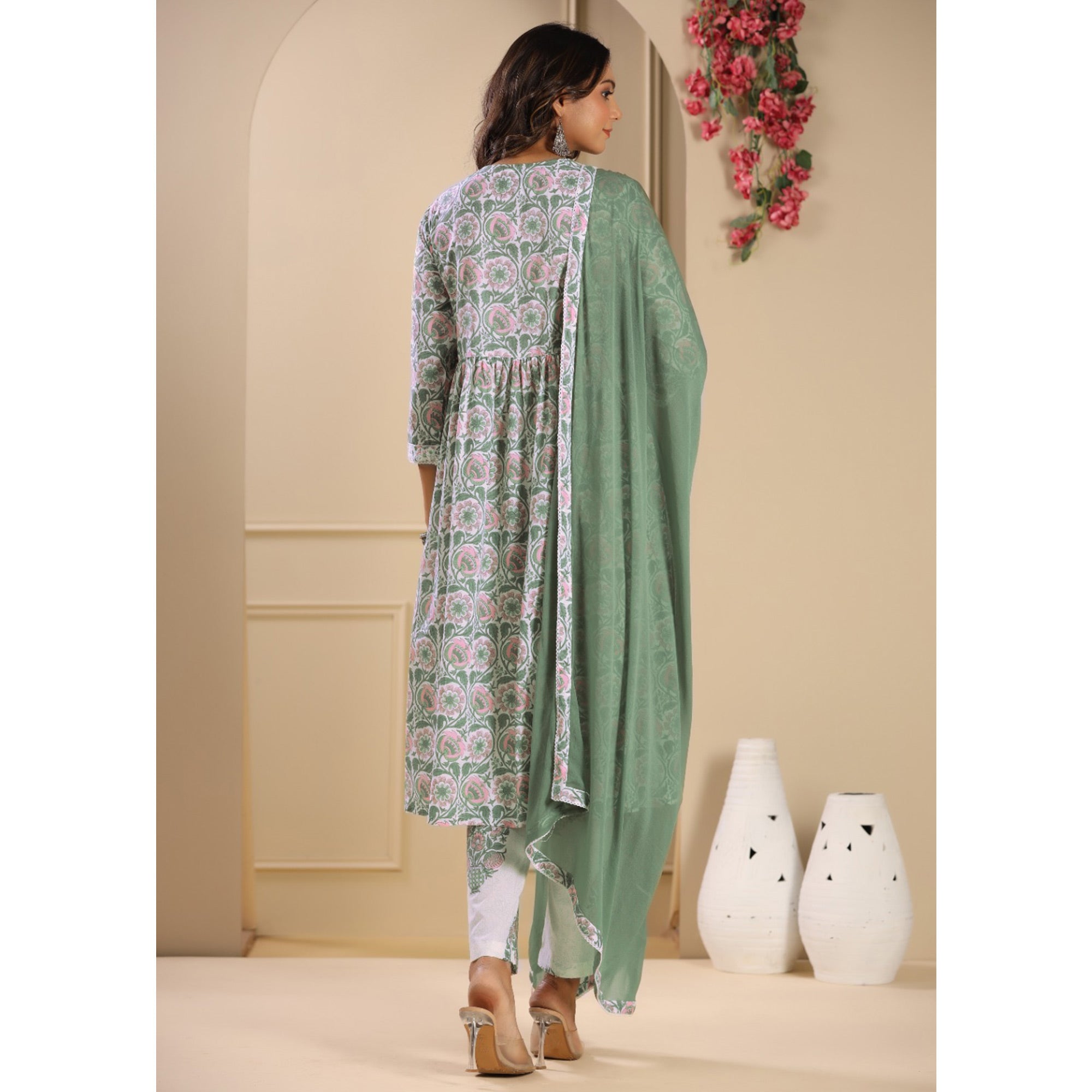 Green Floral Printed Pure Cotton Naira Cut Suit