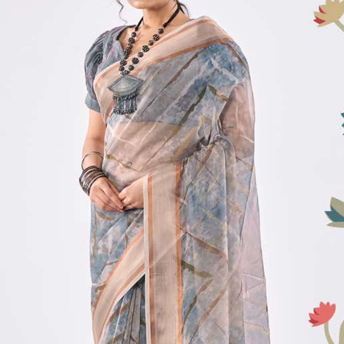 Grey Printed Organza Saree With Woven Border