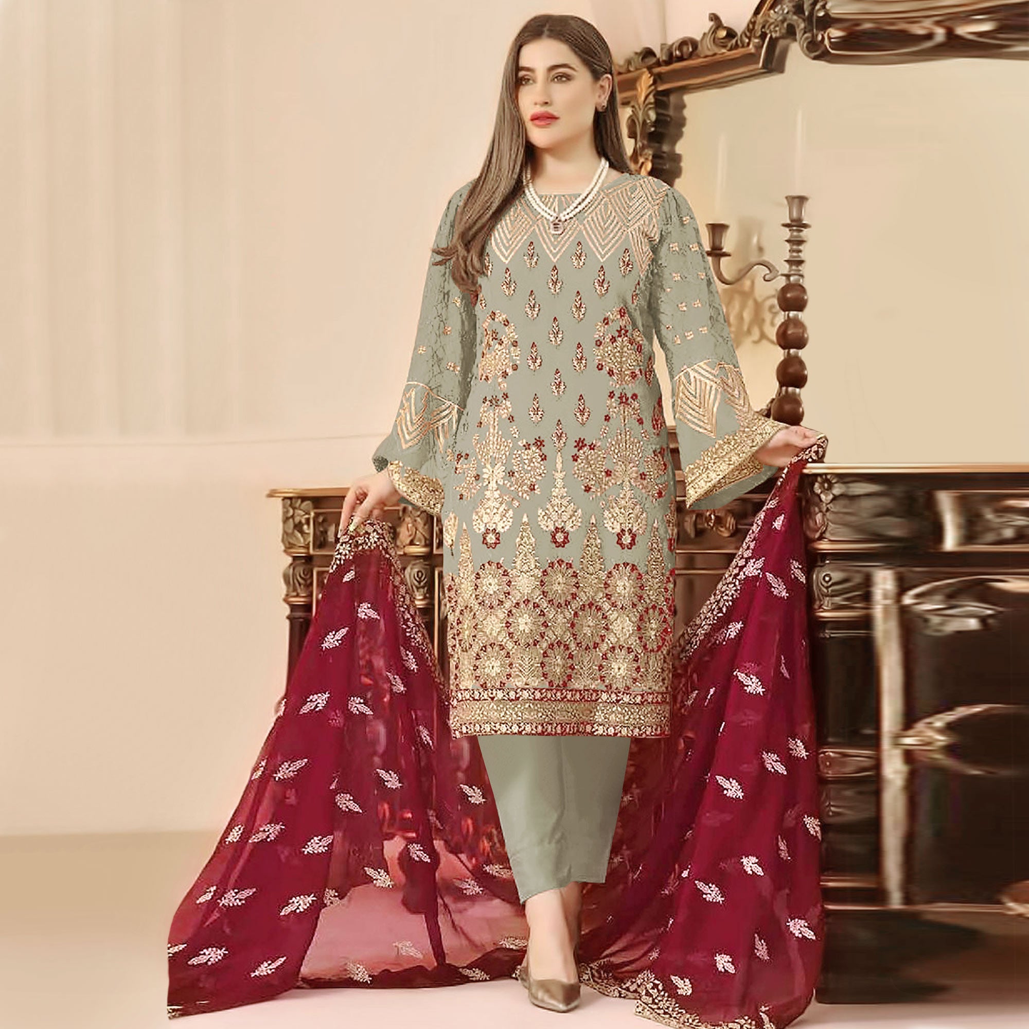 Grey Sequins Embroidered Georgette Pakistani Suit