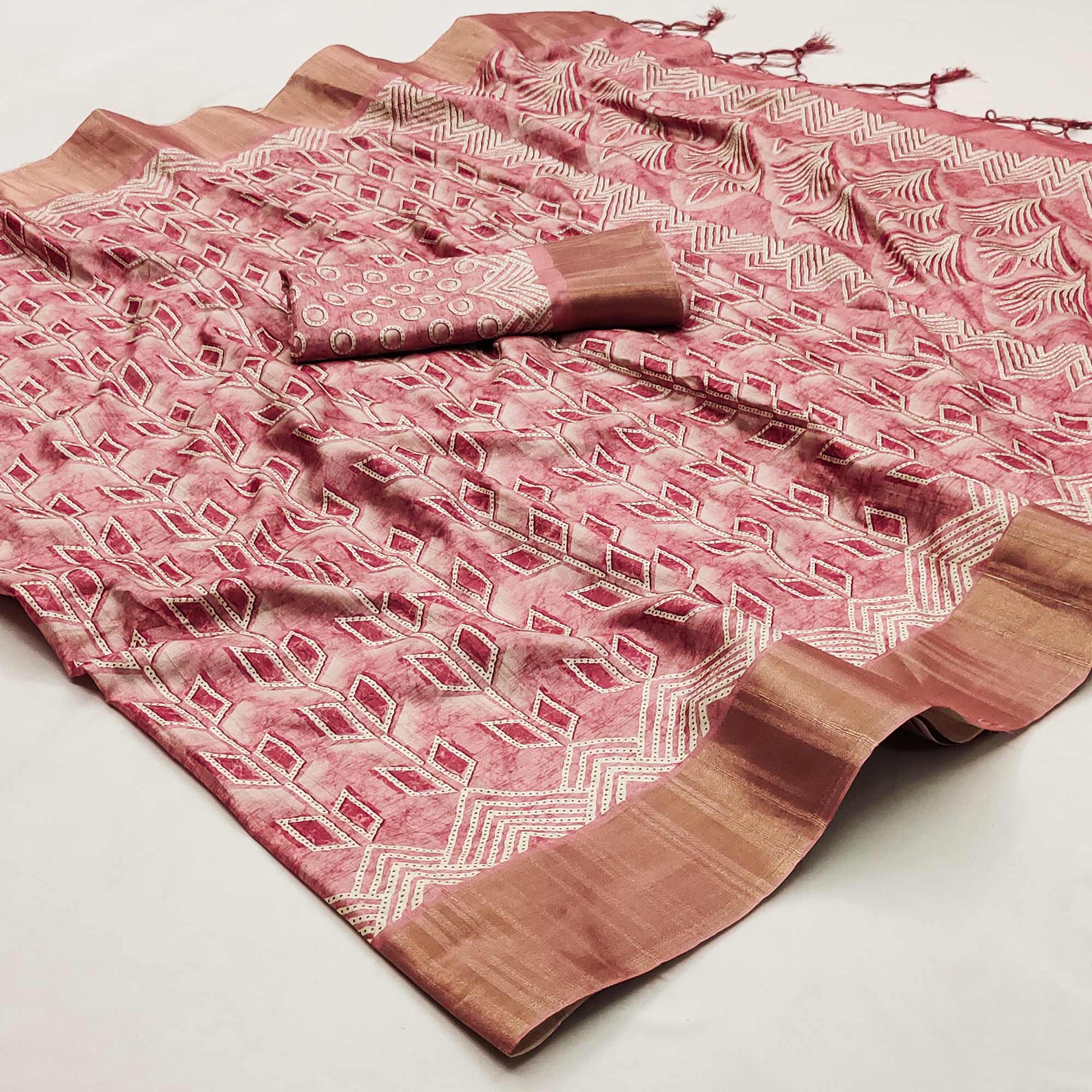 Pink Printed Matka Tussar Saree With Tassels