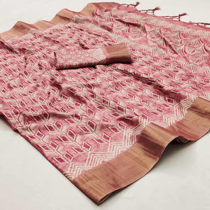 Pink Printed Matka Tussar Saree With Tassels
