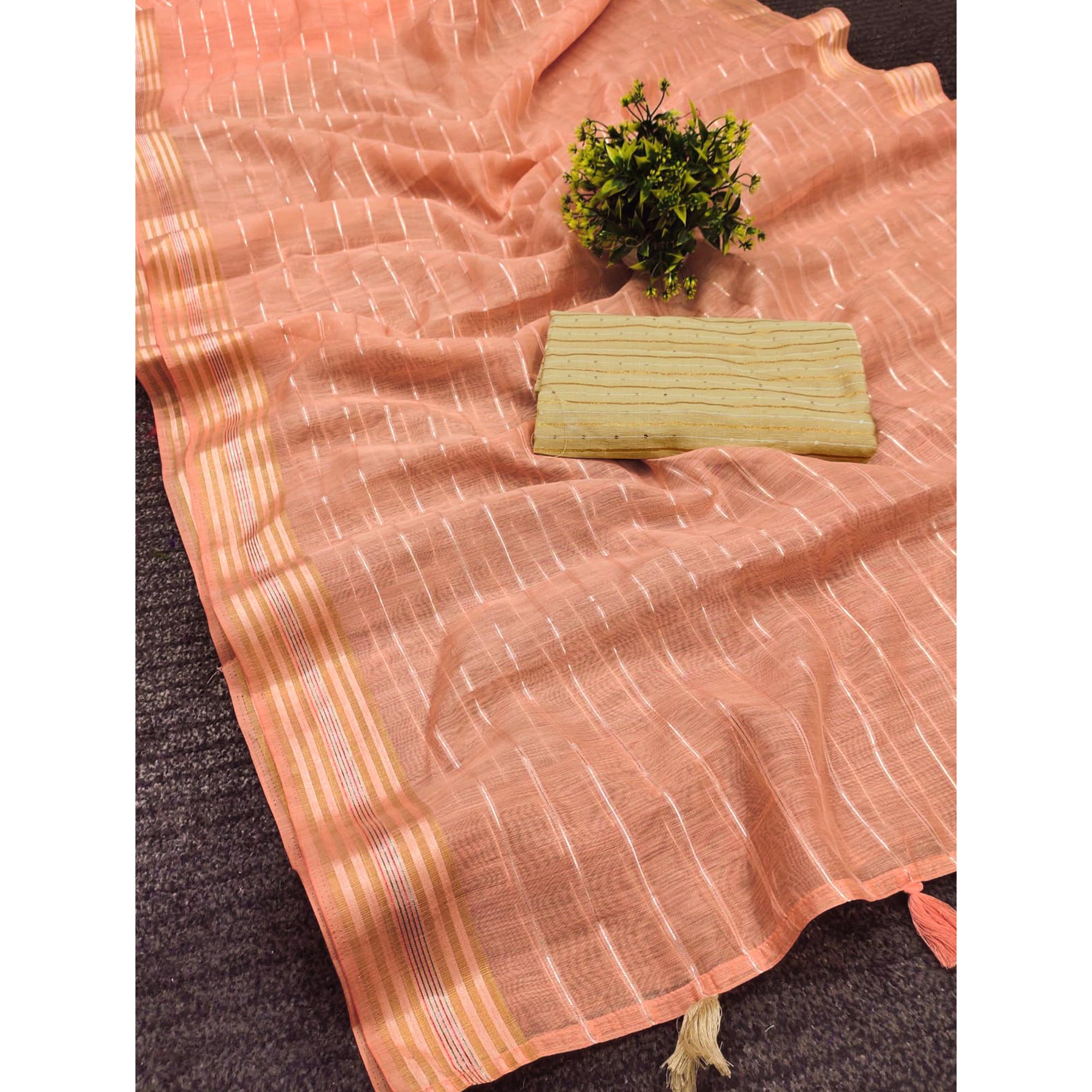 Peach Woven Linen Saree