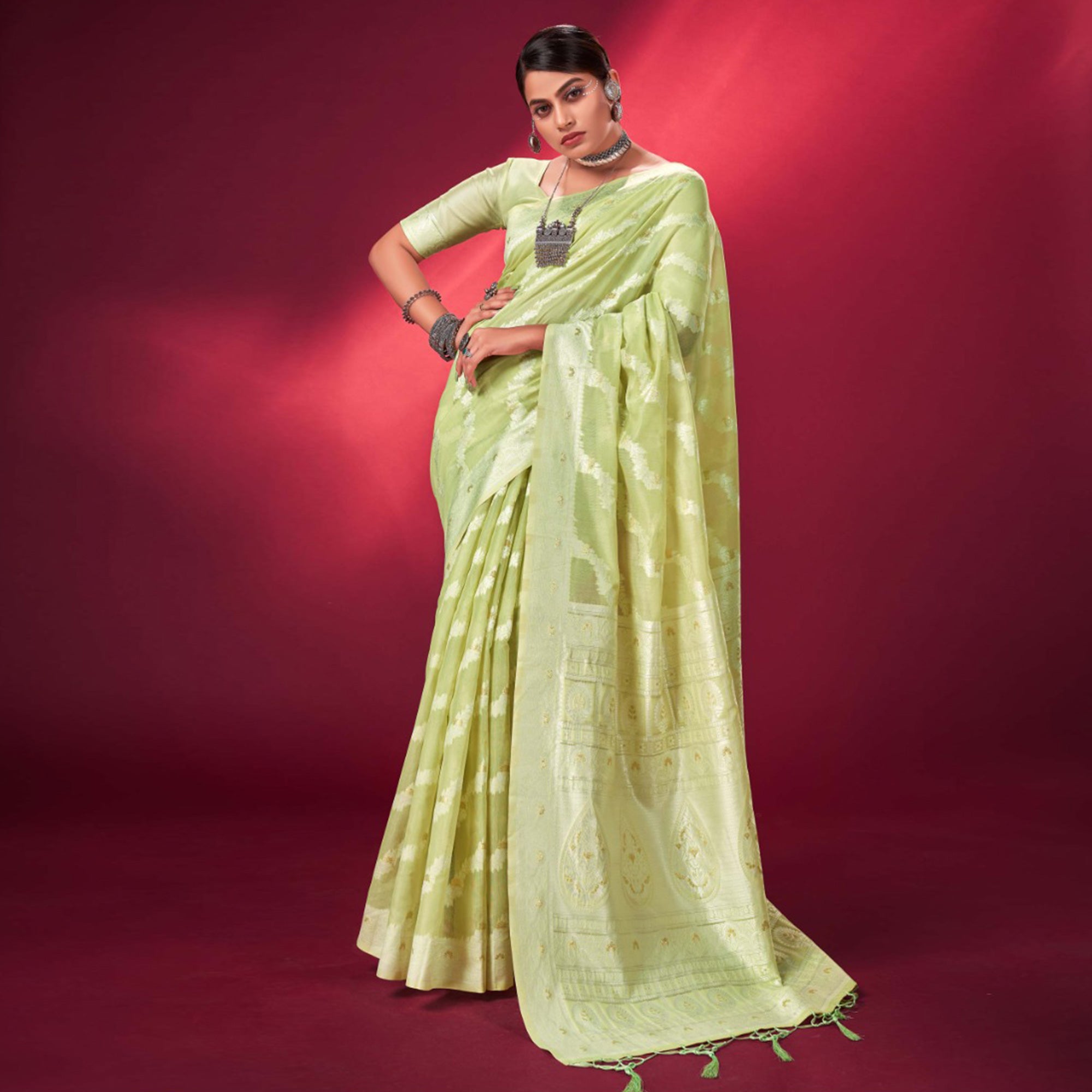 Mint Green Woven Cotton Silk Saree With Tassels